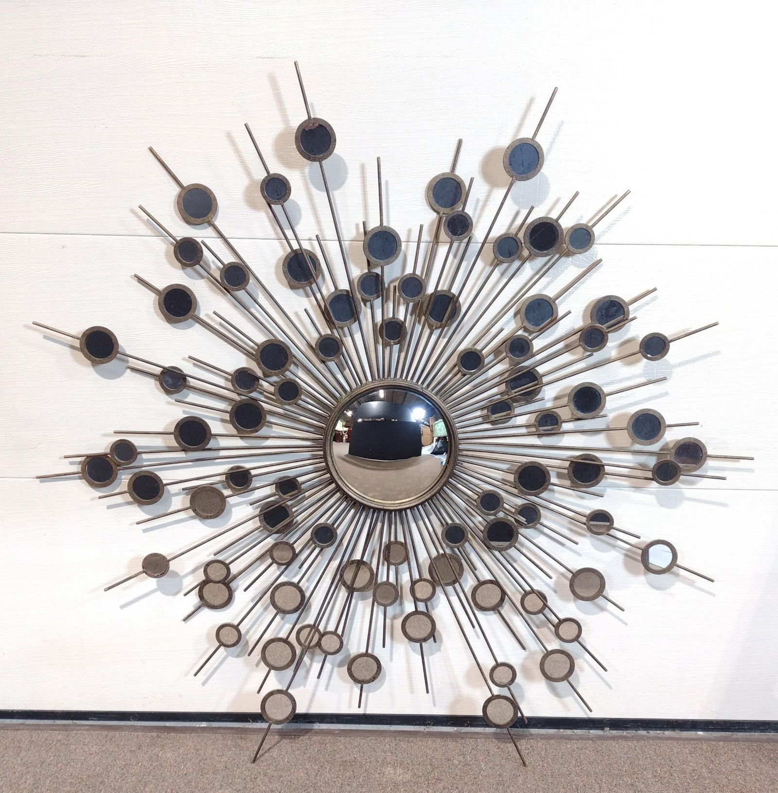 Mirror Starburst Wall Hanging: NOT ELIGIBLE FOR IN-HOUSE SHIPPING. Overall with frame: 60" diameter.