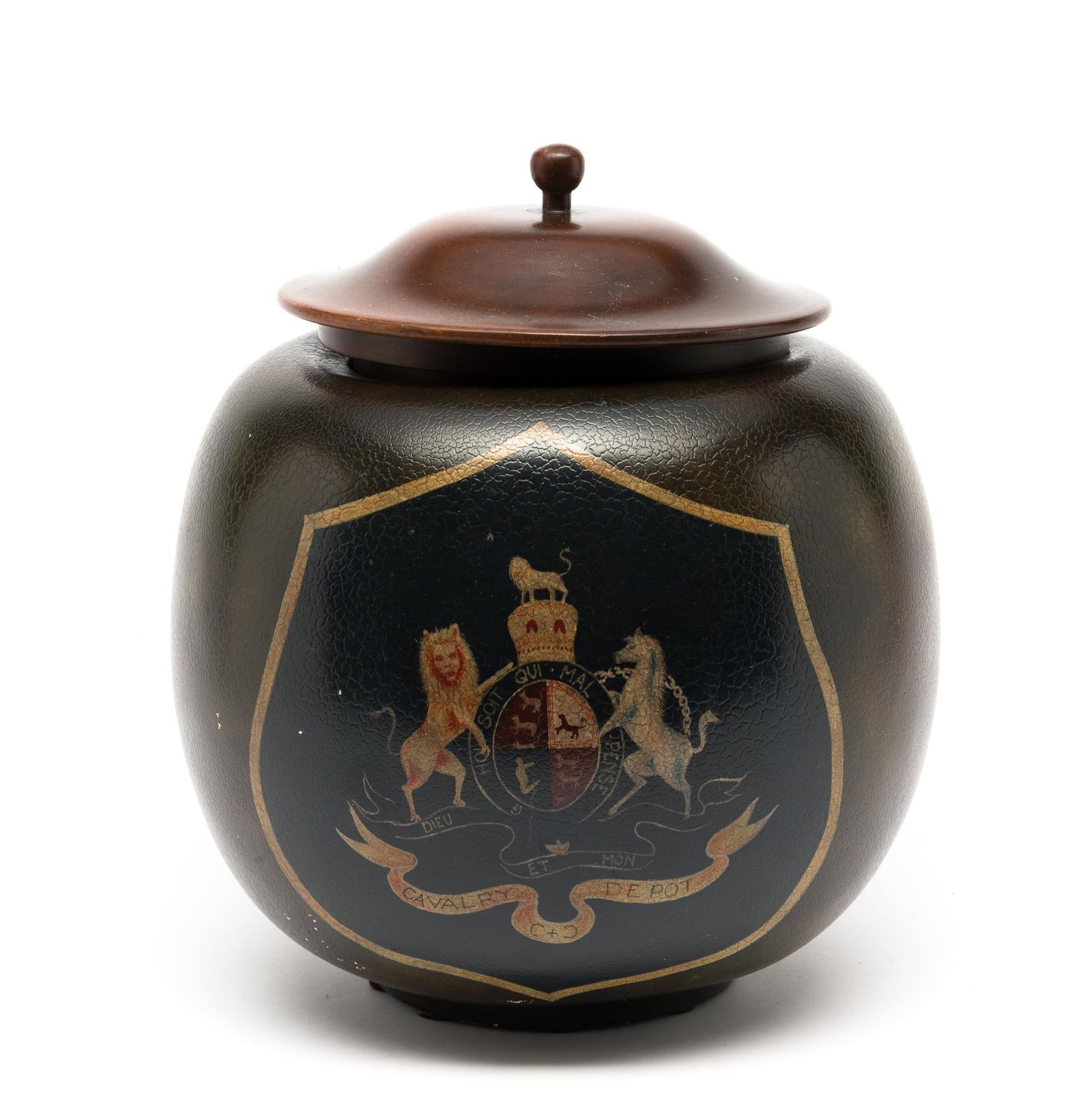 Calvary Depot Urn: 11-1/2" diameter x 14" high. Some finish losses.