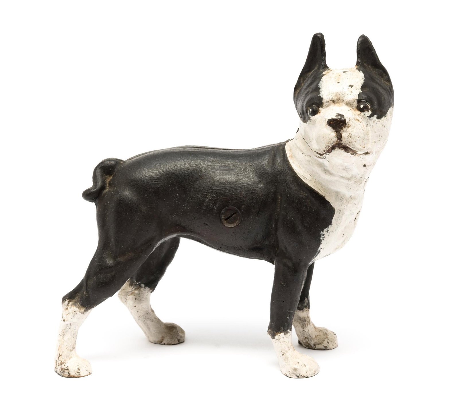 Cast Iron Pug Door Stop: 9-1/2" wide x 4" deep x 10" high. Some paint losses and minor rust.