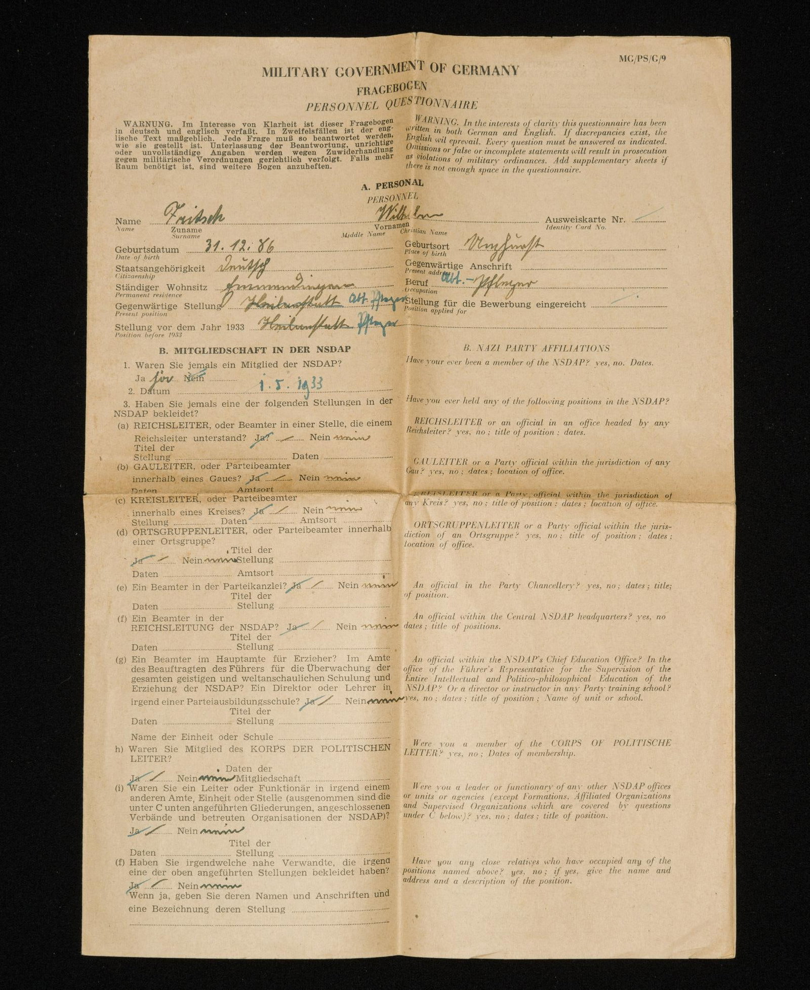 Post WWII German Fragebogen: DESCRIPTION: Filled out 1-30-1946. With English translation on one side. The Fragebogen were distributed by the four Allied occupying powers in Germany following the Second World War. They were used t