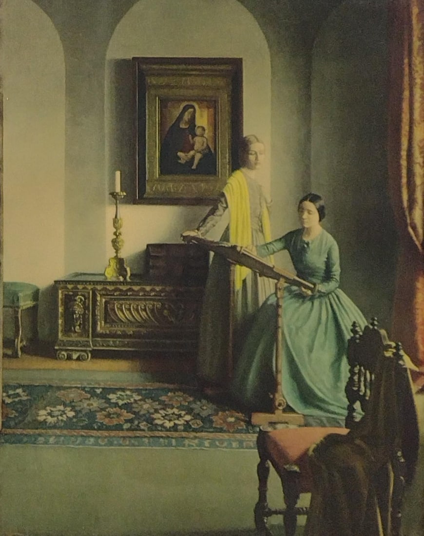 Leonard Campbell Taylor "The Sampler" Antique Print: NOT ELIGIBLE FOR IN-HOUSE SHIPPING. Sight: 19-1/2" high x 15-1/4" wide. Overall with frame: 31-1/4" high x 27-1/4" wide. Some scratches and finish loss to frame consistent with age and use.