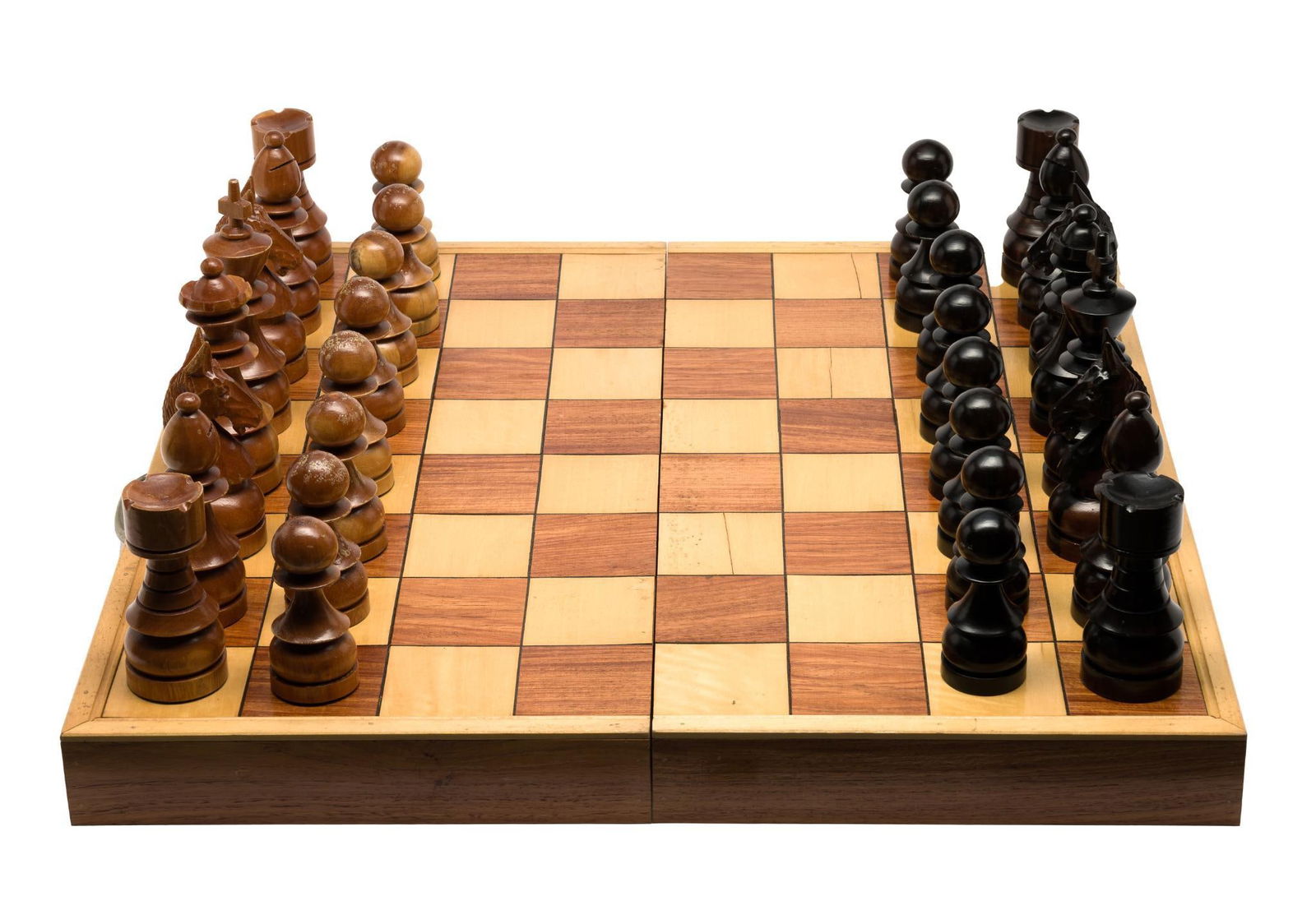 Lg. Chessboard: NOT ELIGIBLE FOR IN-HOUSE SHIPPING. Pieces measure 2" to 2-1/4" wide x 3-3/4" to 5-3/8" high. Board measures 26" wide x 26" long. Finish coming off pieces.