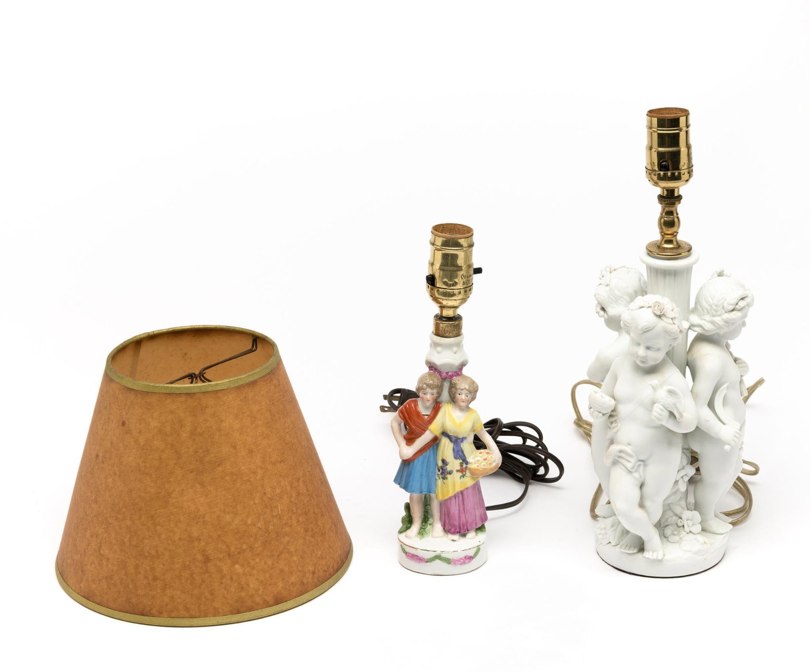 2 Vintage Table Lamps incl Bisque: Small porcelain lamp with shade. Both working. Lamps only: 10-1/2" to 14-1/2" high.