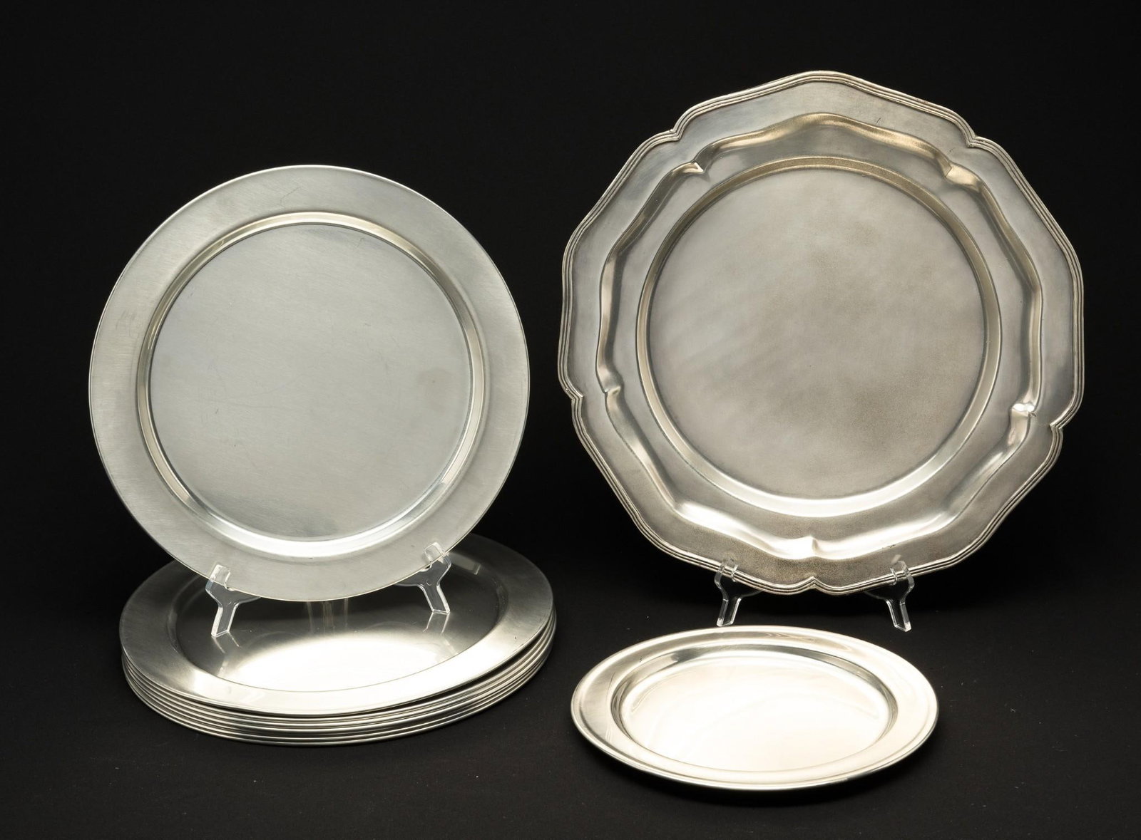 10 Pewter Platters: Some marked. 10-1/2" to 16-1/2" wide.