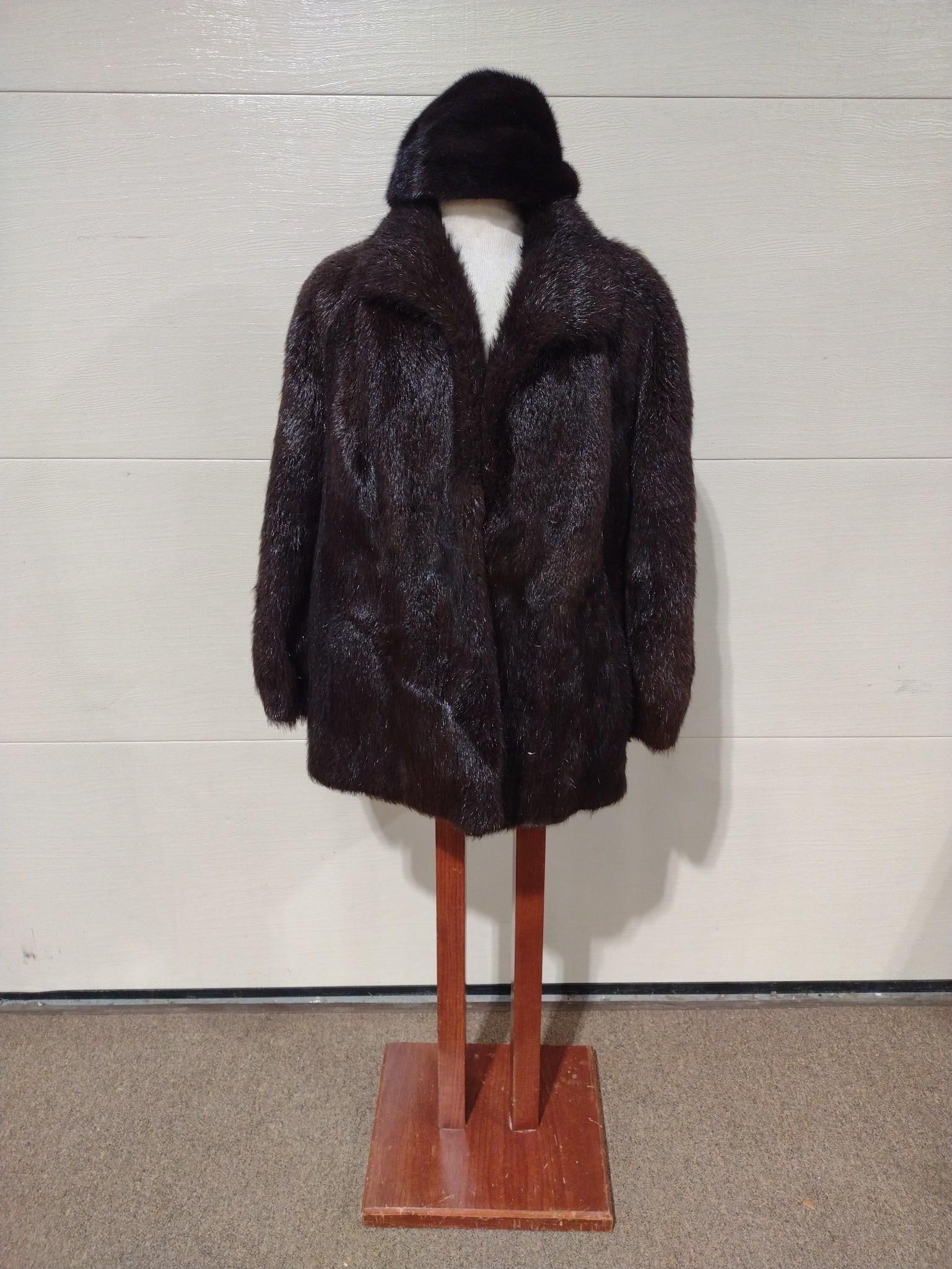 Women's Fur Coat w/ Fur Hat: Shoulder to shoulder 18" wide. Sleeves 21" long. Hat with Cora Taylor tag. Hat inside diameter 5-1/4" diameter.