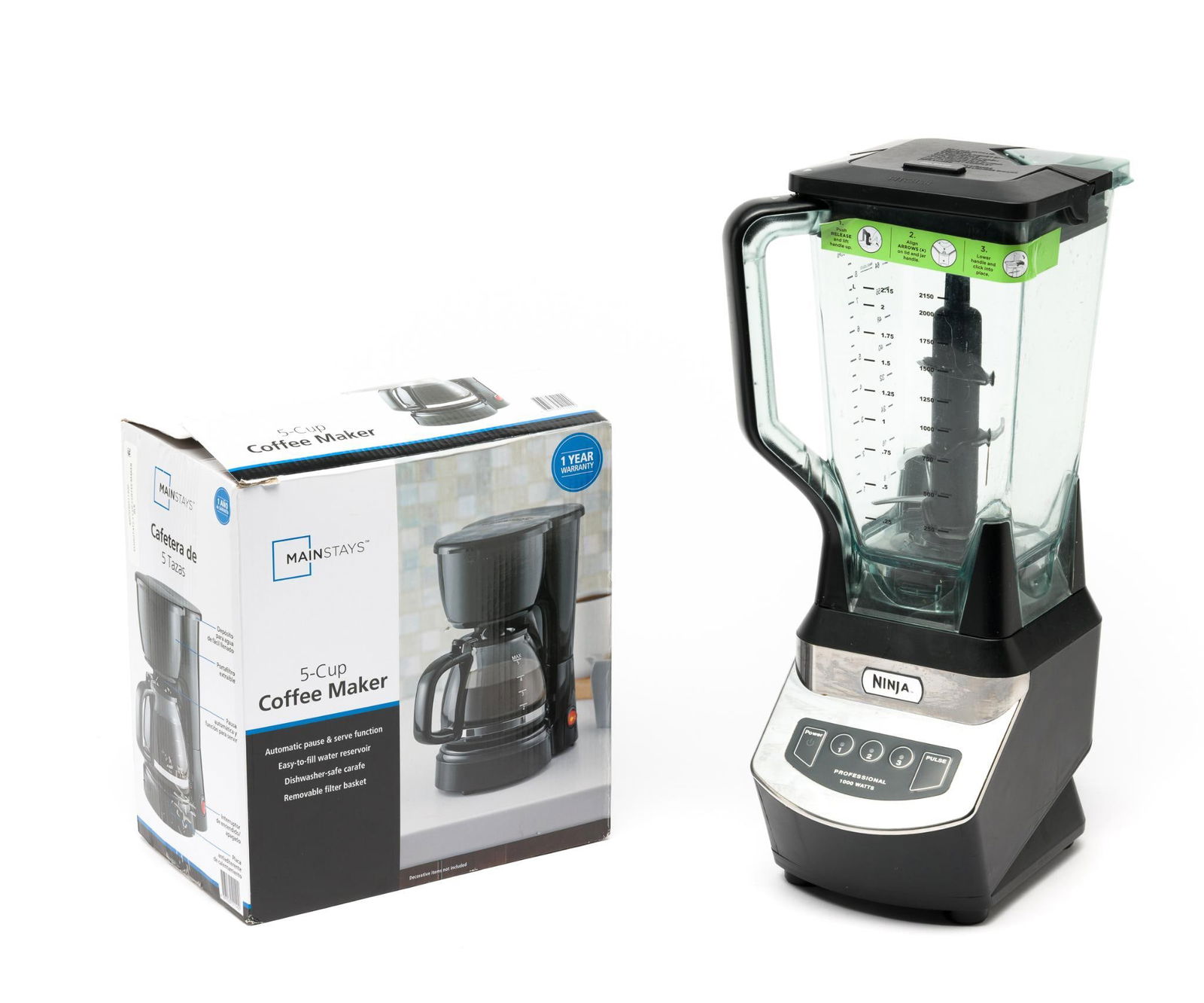 Ninja Blender and Mainstay Coffee Maker: Coffee maker new in box. 10" to 17" high.