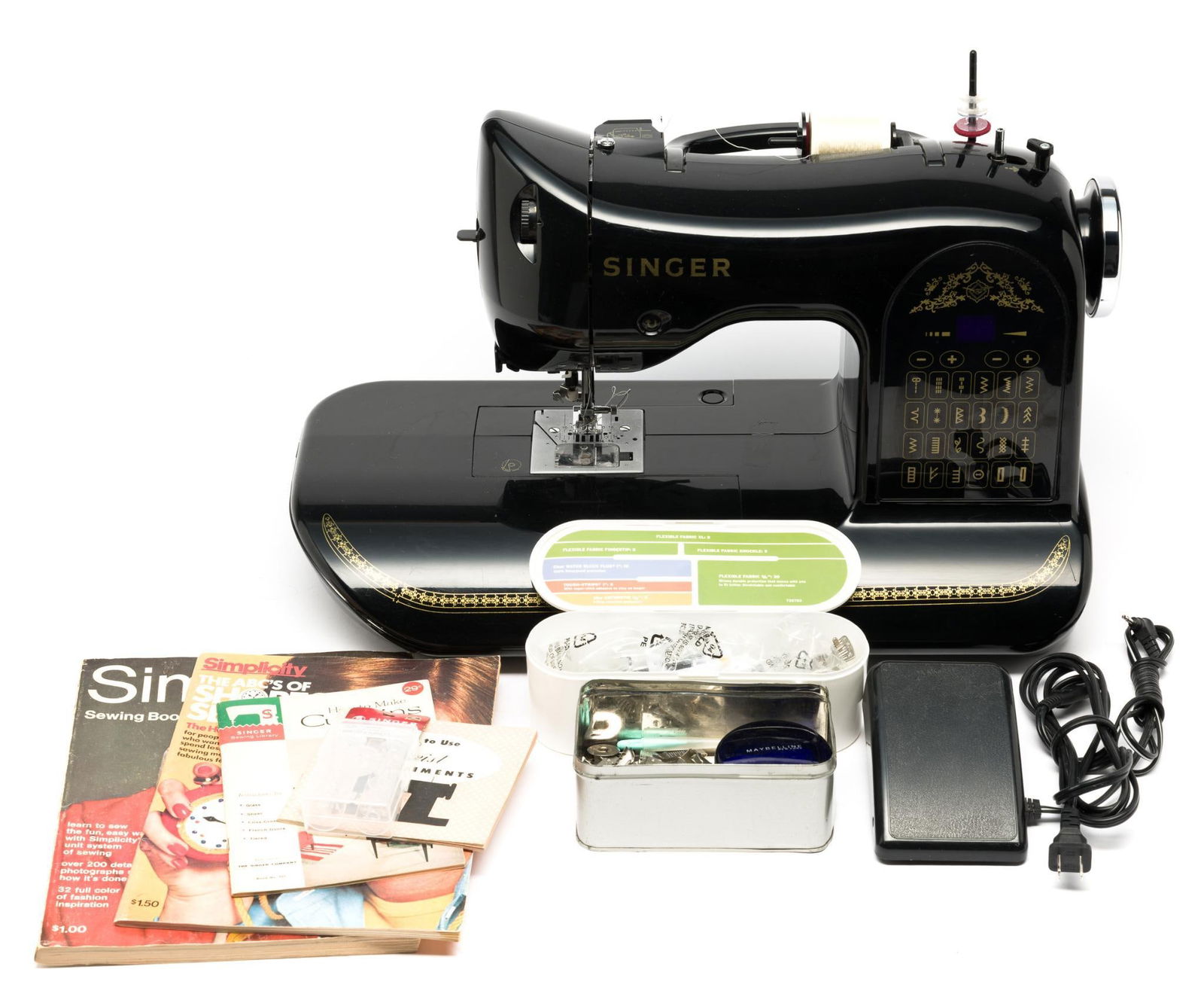 Singer Sewing Machine: NOT ELIGIBLE FOR IN-HOUSE SHIPPING. Modern machine made to look old. Powers on. Model number 160. Serial number H12242B16011365. 21" wide x 8" deep x 13" high. Includes manual and accessories.