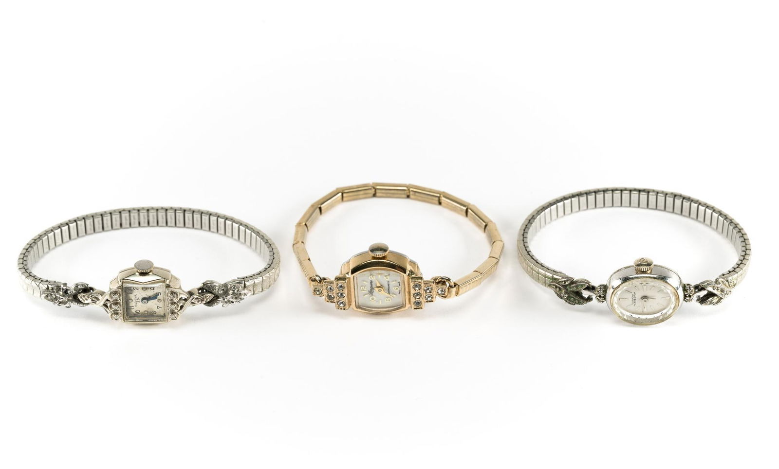 3 Vintage Wrist Watches: Girard Perregaux, Bulova, and rhinestone.