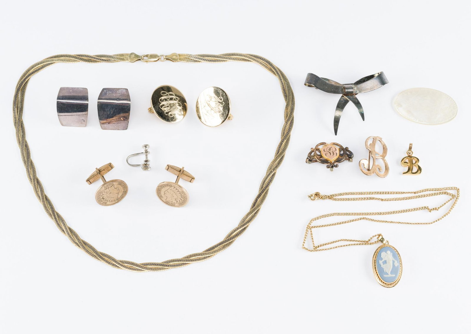 12 Pcs Vintage Sterling & Gold-Filled Jewelry: Includes sterling earrings and brooch, vermeil sterling chain, Indian Head cent cufflinks, mother of pearl token, costume, and more. Chains 18" long.