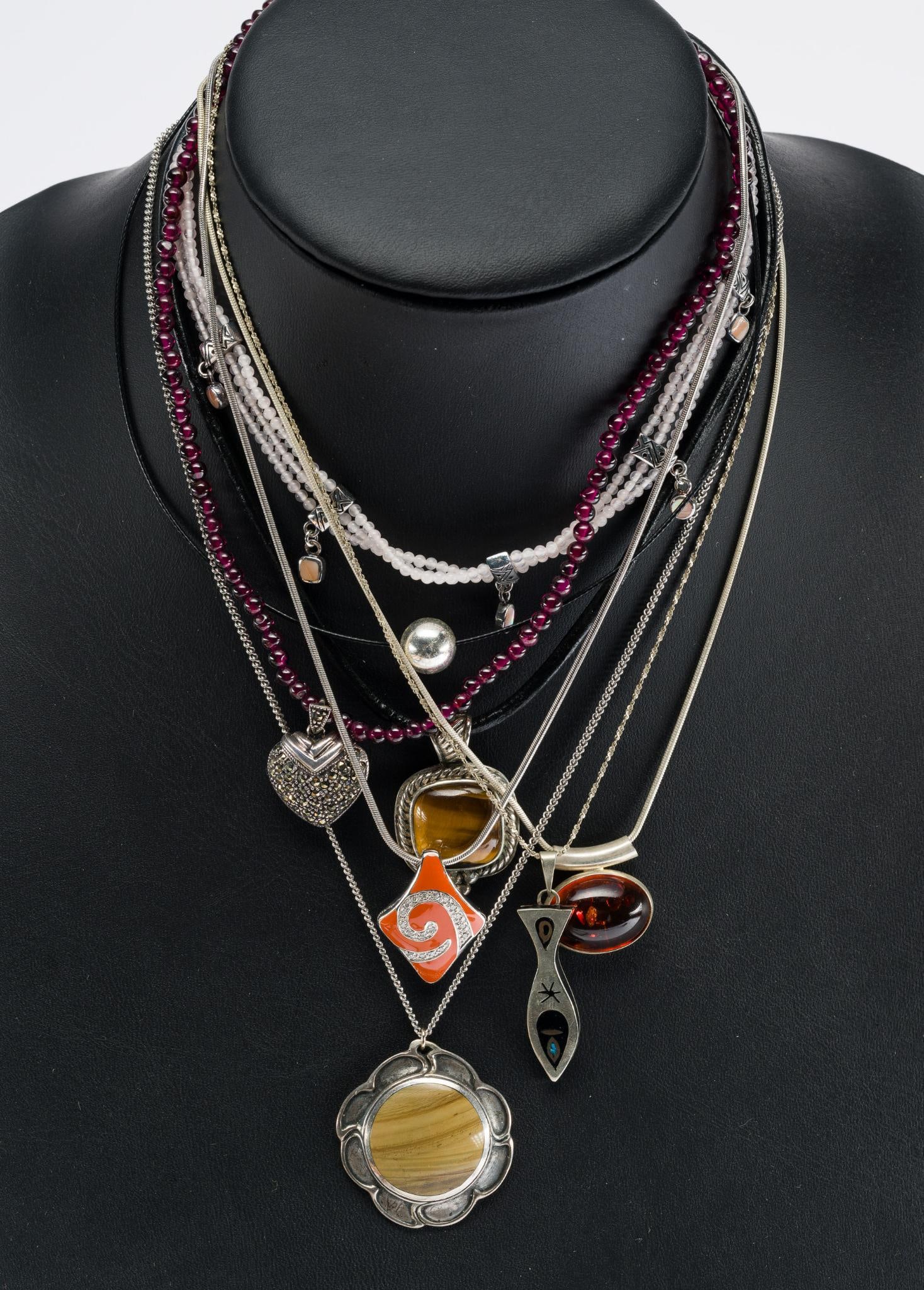 8 Sterling Silver Pendant Necklaces: Includes agate, amber, tigers eye, beaded and more. Chains 14" to 20" long.
