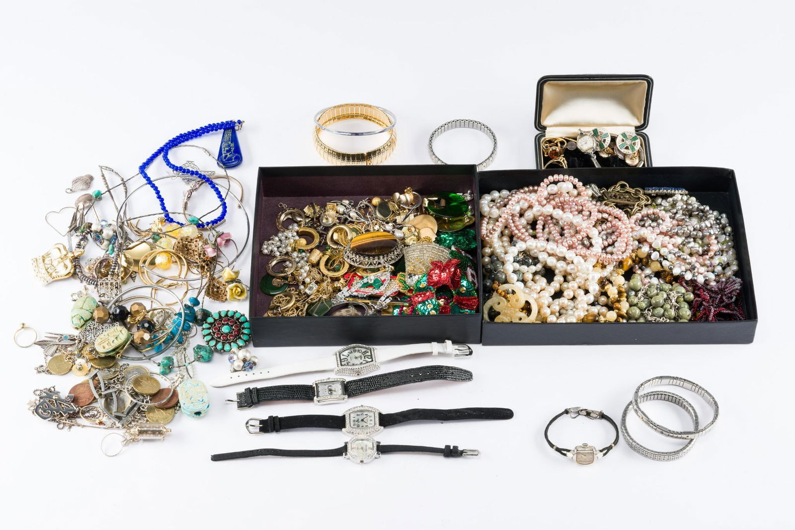 Grouping Vintage & Costume Jewelry: Includes Christmas brooches, faux pearls, fashion watches, antique watches and cufflinks, gold-filled rings, bracelets, earrings, and more.