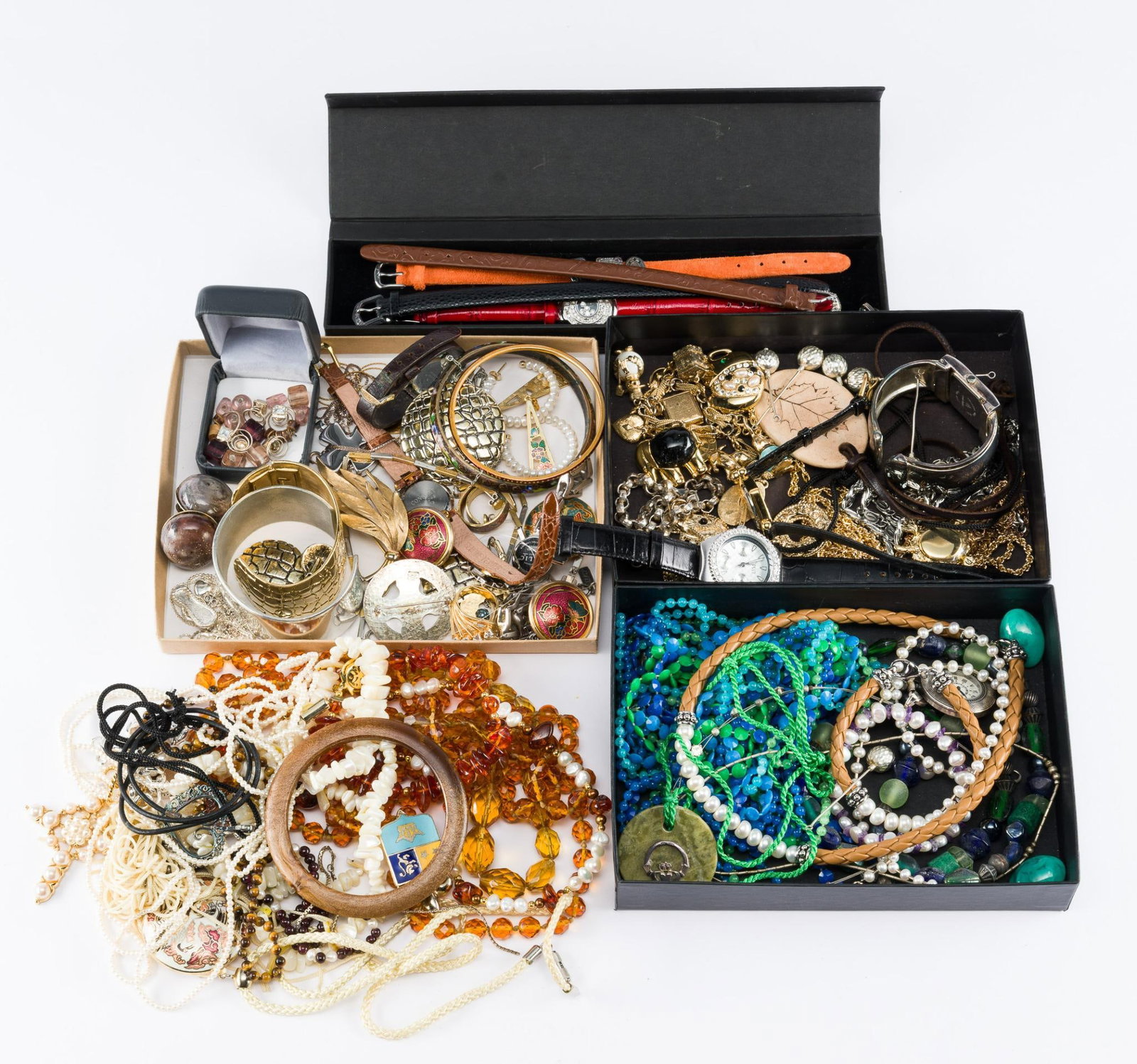 Grouping Vintage & Costume Jewelry: Includes Southwestern Jewelry leather bracelets with sterling beads, fashion watches, bracelets, glass beads, earrings, fashion rings, brooches, and more.