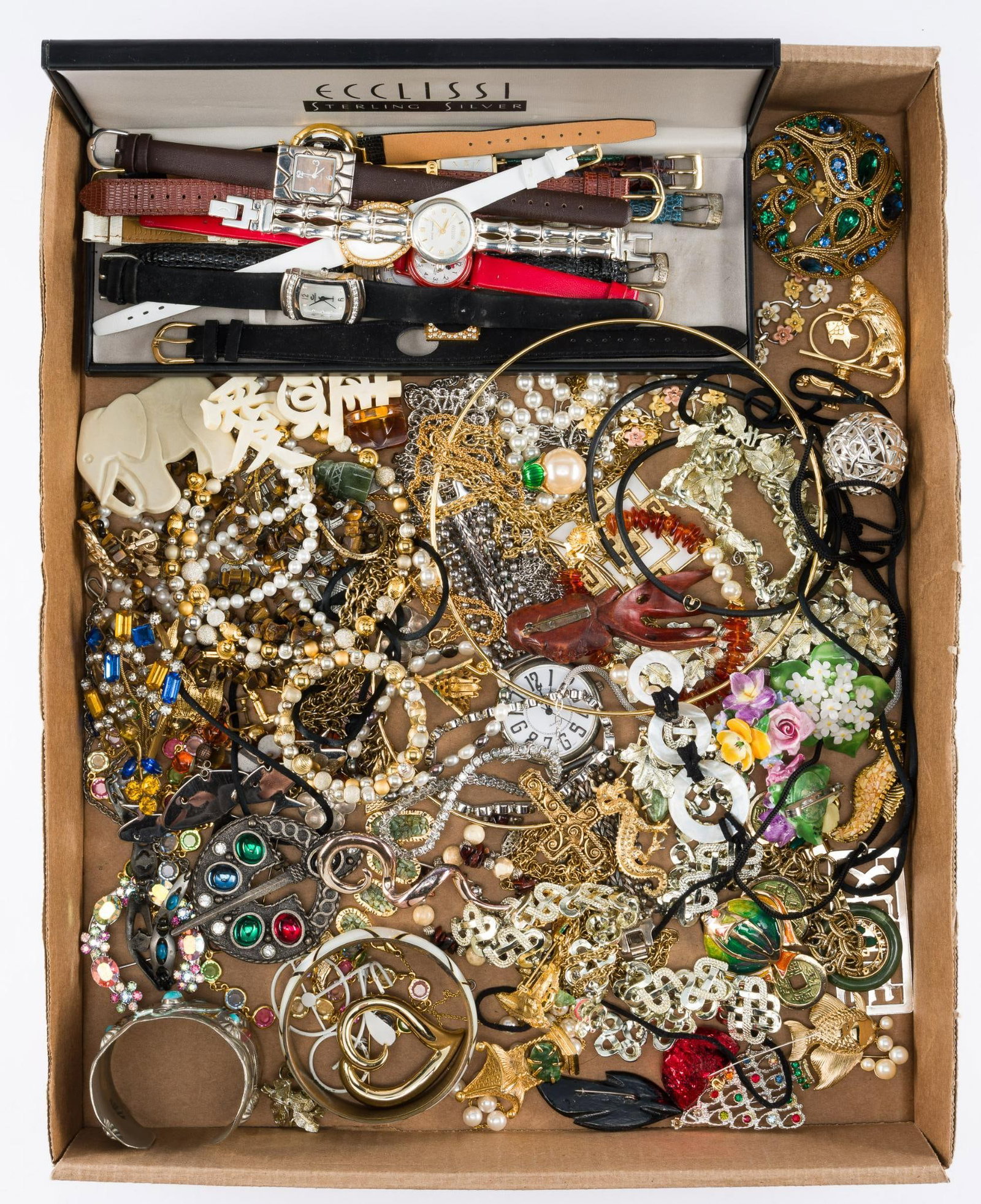 Grouping Vintage & Costume Jewelry: Includes fashion watches, rhinestone brooches, costume sets, porcelain flower brooches made in England, bracelets, necklaces, and more.