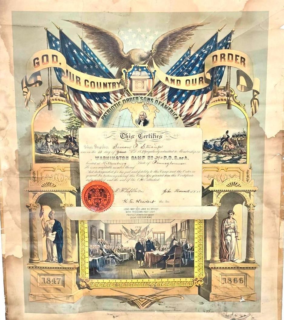 Patriotic Order Sons Of America: NOT ELIGIBLE FOR IN-HOUSE SHIPPING. An original piece signed June 13, 1889 admitting Simon P. Stroup into the Patriotic Order Sons Of America. Framed size is 29 1/2" X 25 1/2". The chromolithograph ha