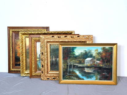 5 Pcs Artwork incl Oil Paintings: NOT ELIGIBLE FOR IN-HOUSE SHIPPING. Four oil paintings and one antique print of a painting by Frits Thaulow. The paintings have various damage and wear from age. Framed sizes range from 27 1/2" X 33 1
