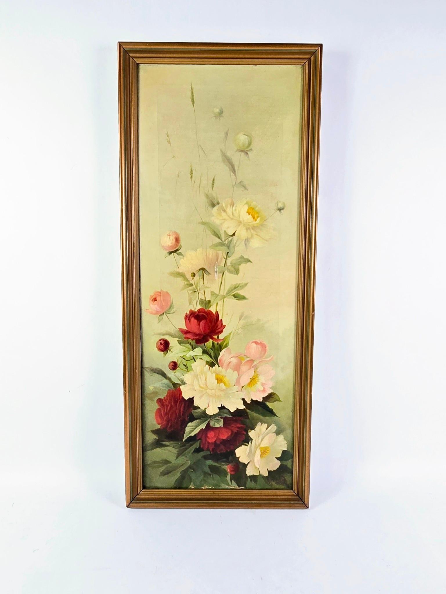 G. Schmidt Floral Painting: NOT ELIGIBLE FOR IN-HOUSE SHIPPING. Sight: 35-1/2" high x 13" wide. Overall with frame: 38-1/2" high x 16-1/4" wide. Tear at center. Paint losses along bottom.