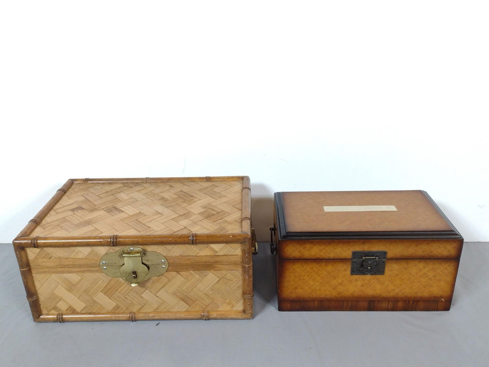 2 Decorative Boxes: NOT ELIGIBLE FOR IN-HOUSE SHIPPING. Small 14" wide X 8-1/2" deep X 7-1/4" high. Large 18" wide X 12" deep X 8" high.