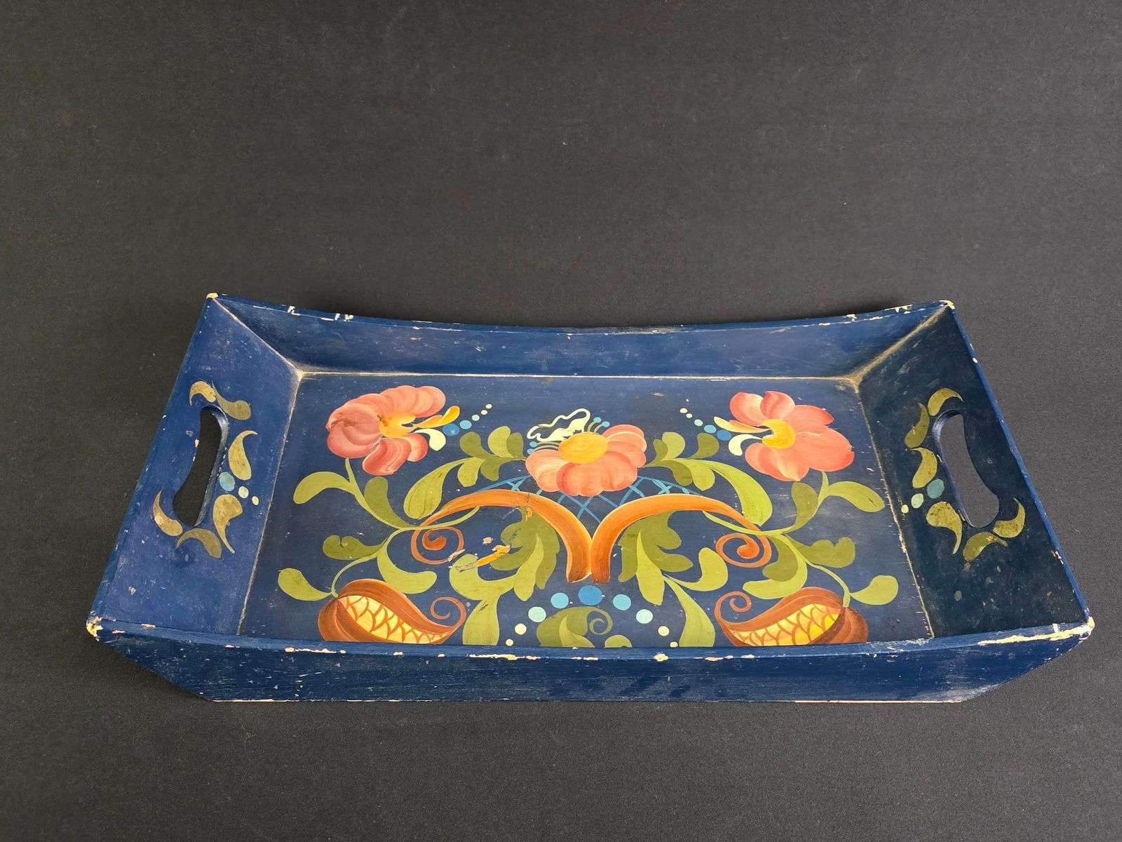 Navy Blue Folk Art Painted Tray (1 of 2)