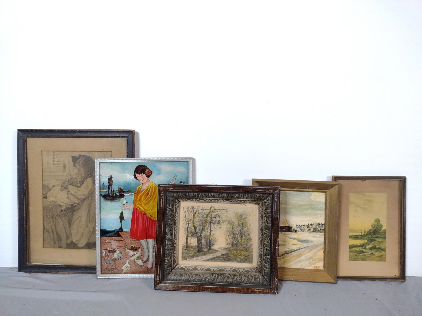 5 Vintage Paintings: NOT ELIGIBLE FOR IN-HOUSE SHIPPING. Overall 12-5/8" to 18-1/8" long x 8-3/4" to 14-3/4" wide. Wear to frames. Two loose from frames. PROVENANCE: This lot was consigned by the former Double Eagle Antiq