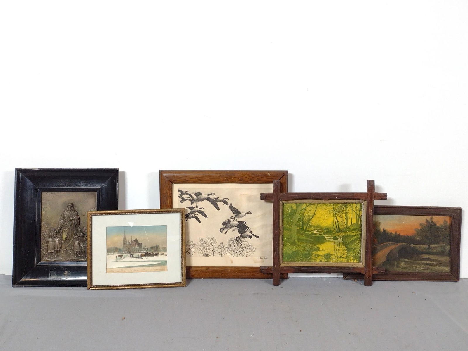 5 Vintage Art Pcs: NOT ELIGIBLE FOR IN-HOUSE SHIPPING. Overall 8-3/4" to 12-1/4" long x 10-3/4" to 14-1/2" wide. Wear to frames. PROVENANCE: This lot was consigned by the former Double Eagle Antiques on North Second Str