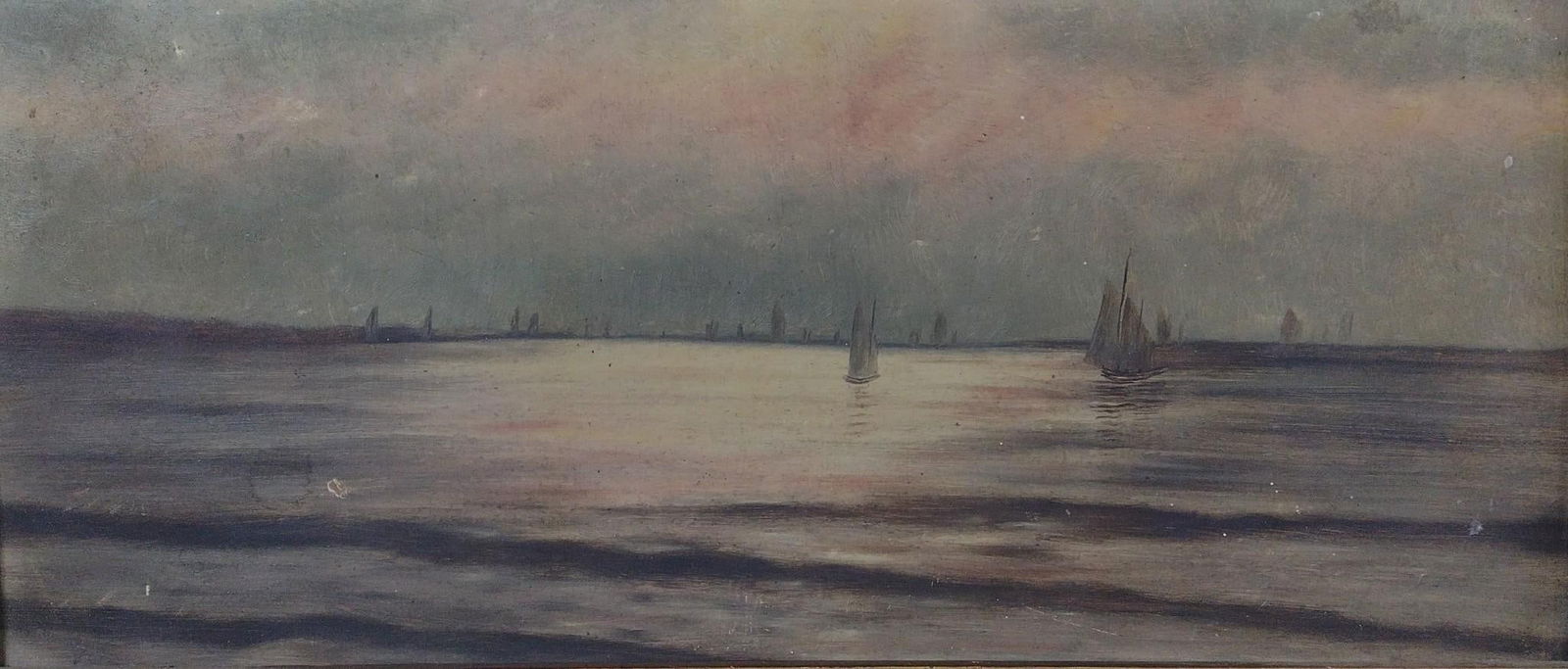 Seascape Oil on Board: NOT ELIGIBLE FOR IN-HOUSE SHIPPING. Overall 11-7/8" long x 22-1/8" wide. Pieces missing from top of frame. PROVENANCE: This lot was consigned by the former Double Eagle Antiques on North Second Street