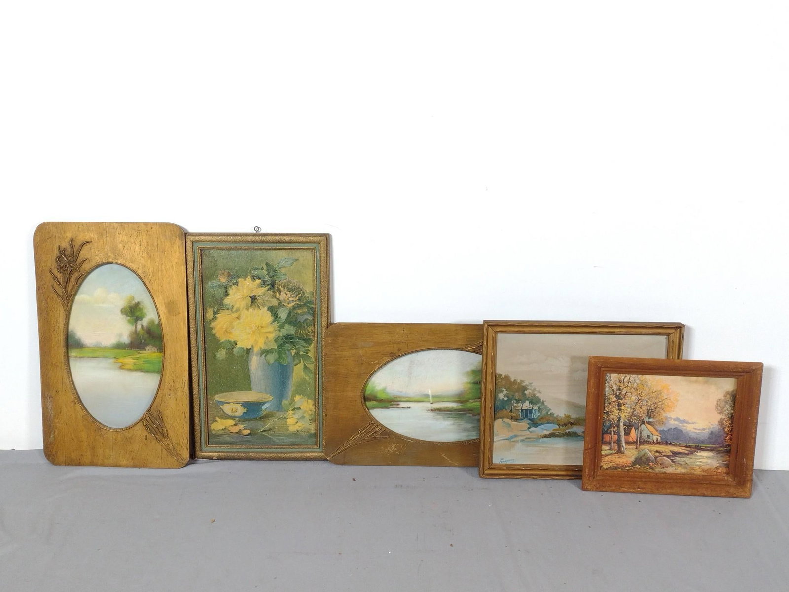 5 Vintage Paintings: NOT ELIGIBLE FOR IN-HOUSE SHIPPING. Overall 10-3/8" to 18" long x 11-1/4" to 12-1/8" wide. Wear to frames. PROVENANCE: This lot was consigned by the former Double Eagle Antiques on North Second Street
