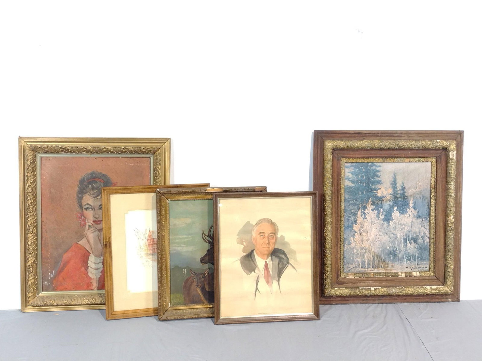 5 Vintage Paintings: NOT ELIGIBLE FOR IN-HOUSE SHIPPING. Overall 22" to 30-3/4" high x 18-3/4" to 27" wide. Wear to frames. One frame missing pieces. PROVENANCE: This lot was consigned by the former Double Eagle Antiques 