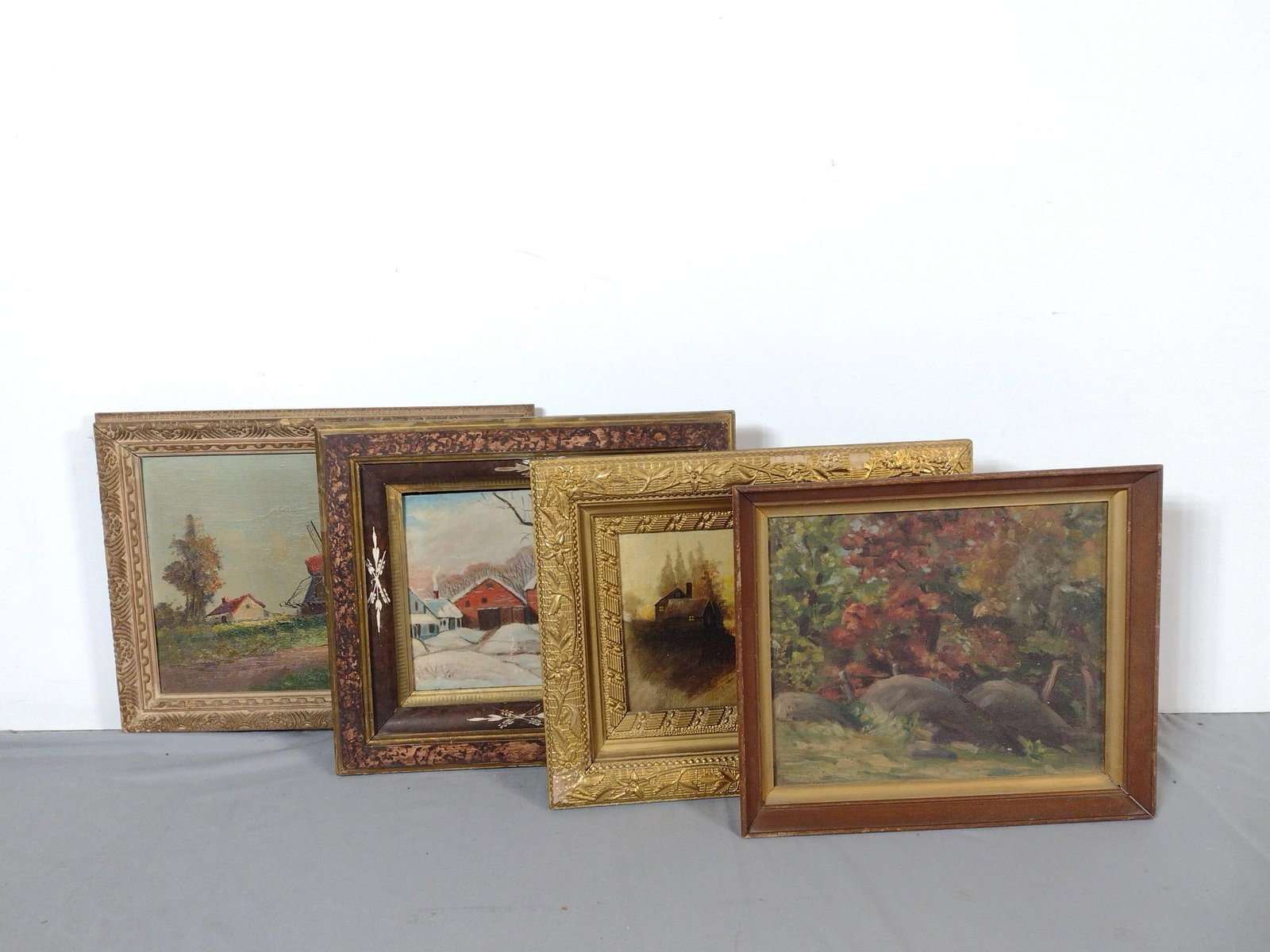 4 Vintage Paintings: NOT ELIGIBLE FOR IN-HOUSE SHIPPING. Overall 11-1/2" to 12-1/2" long x 14-1/4" to 16-3/4" wide. Wear to frames. PROVENANCE: This lot was consigned by the former Double Eagle Antiques on North Second St