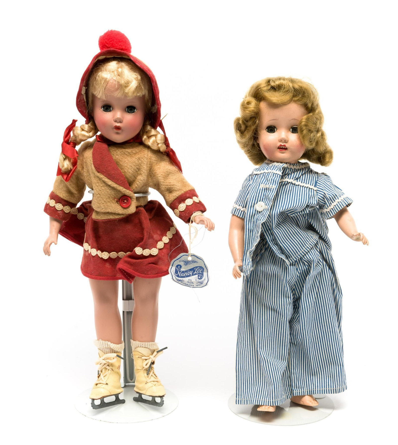 (2) R & B Dolls Incl Nancy Lee: DESCRIPTION: (2) R & B dolls. Double ball jointed. Period clothing. PROVENANCE: From private collection. CONDITION: overall excellent for age. MEASUREMENTS: each ~14" tall.