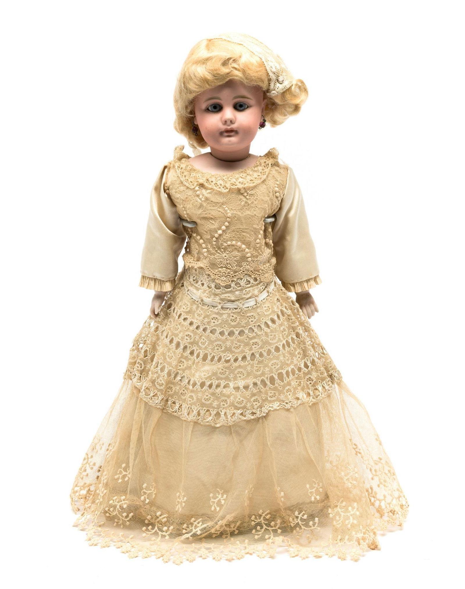 Antique Simon & Halibug Bisque Doll Mold #949: DESCRIPTION: Marked Simon & Halibug Doll Mold #949. Period clothing. Earrings. PROVENANCE: From private collection. CONDITION: Overall good with normal wear and tear due to age. MEASUREMENTS: ~17"