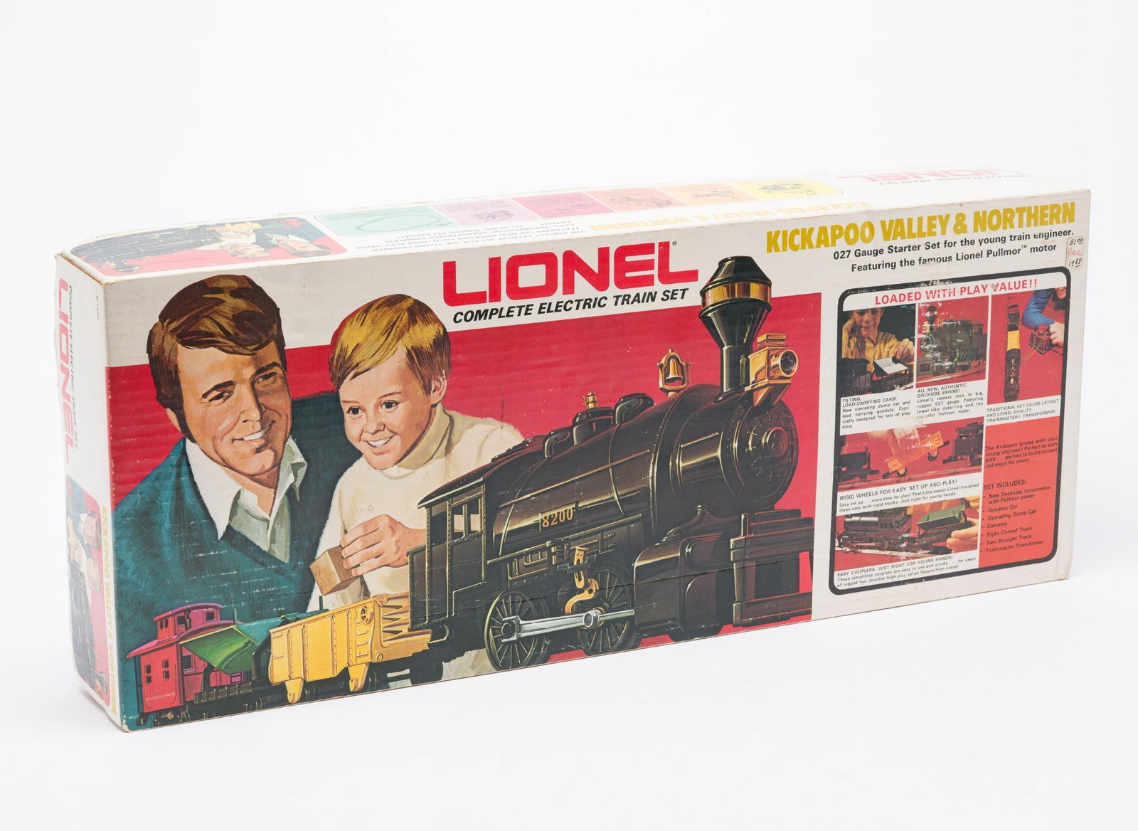 Lionel O-27 Kickapoo Valley & Northern Train Set: DESCRIPTION: Engine 8200. Plastic. In Original Box. Missing original track. CONDITION: Excellent. MEASUREMENTS: 9-3/4" x 24" box.