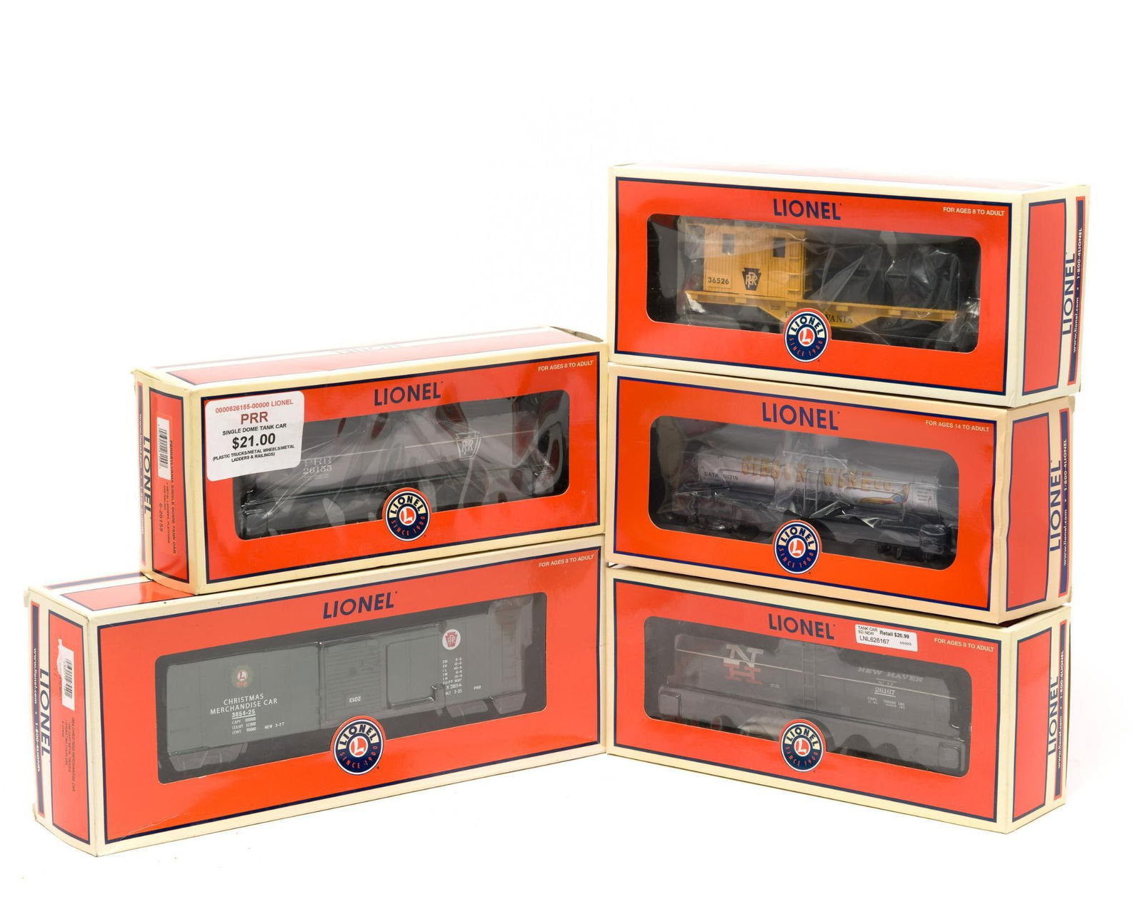 5 Lionel Train Cars in OB: DESCRIPTION: Includes New Haven Single Dome Tank Car; Pennsylvania Single Dome Tank Car; Christmas Merchandise Car 3854; Pennsylvania Work Caboose; and Gibson Wine 8000 Gallon Tank #66719. MEASUREMENT