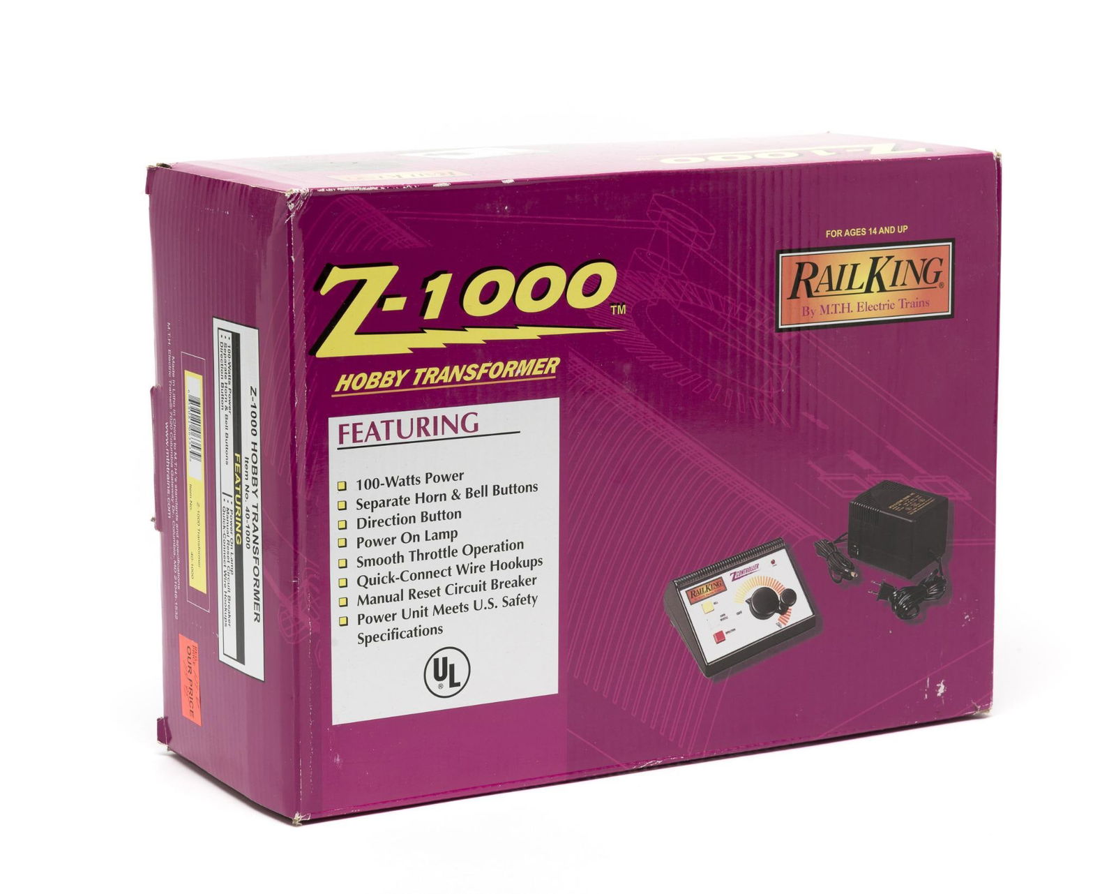Rail King Z-1000 Transformer in OB: NOT ELIGIBLE FOR IN-HOUSE SHIPPING. DESCRIPTION: 100 Watts power, separate horn and bell buttons. MEASUREMENTS: 8 3/4" wide, 12" long. CONDITION: appears to be unused.