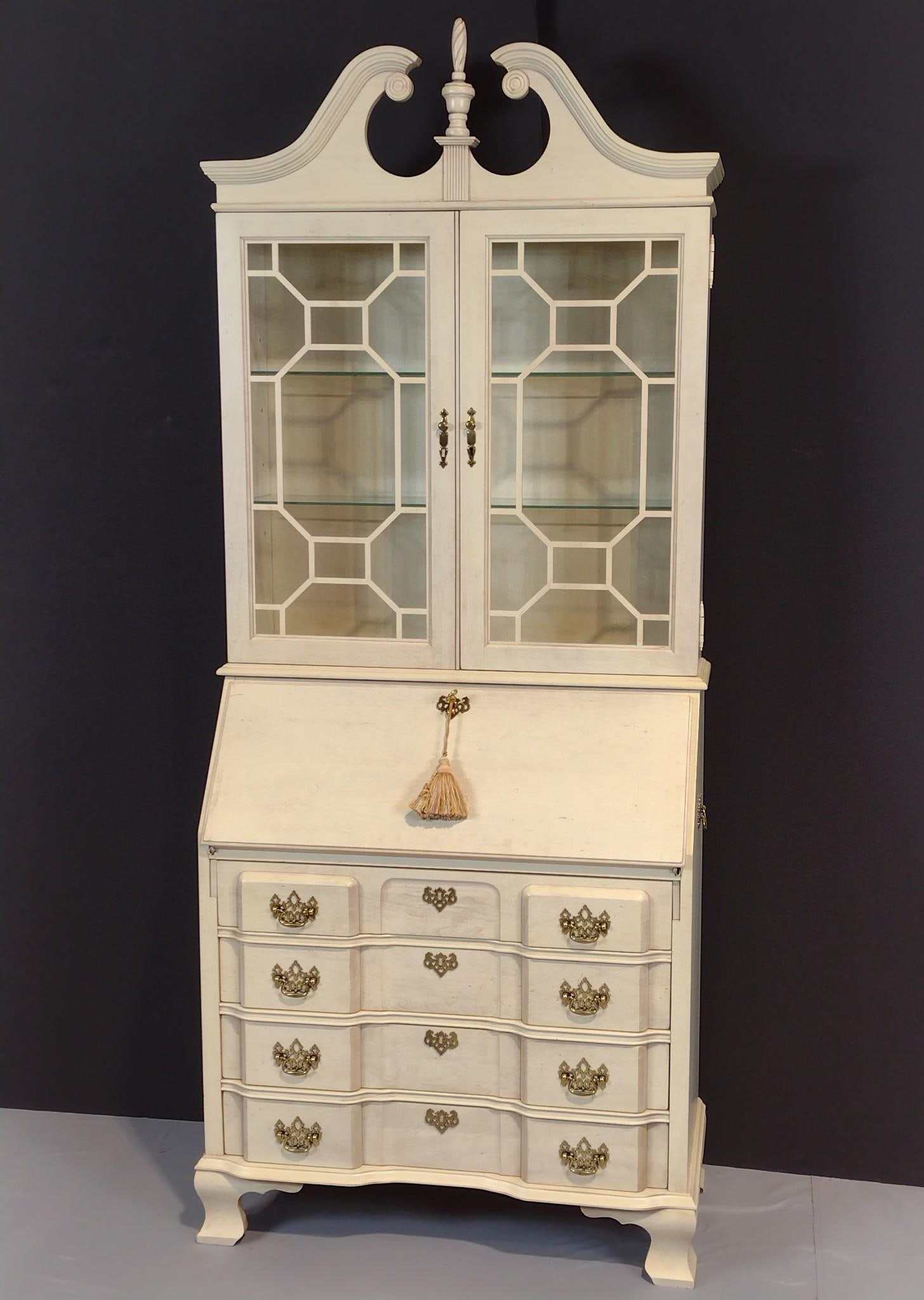 Jasper Cabinet Co Secretary Desk: NOT ELIGIBLE FOR IN-HOUSE SHIPPING. 34-1/2" wide X 16-1/2" deep X 83" high. Has some scratches. Slant Front has loss at top corner