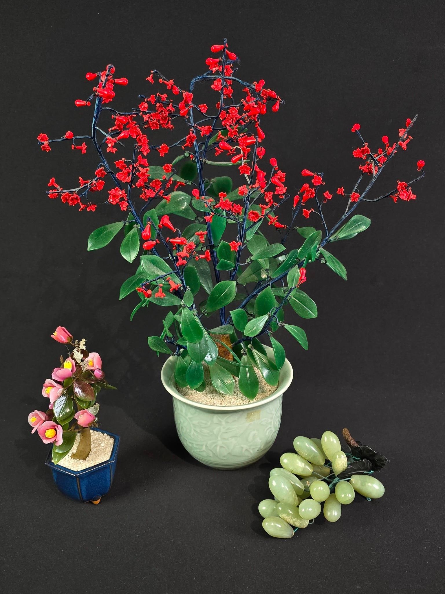 2 Glass Floral Trees and Glass Grapes: NOT ELIGIBLE FOR IN-HOUSE SHIPPING. 3-1/2" to 21" high. Smaller tree with losses, repairs and areas of glue.