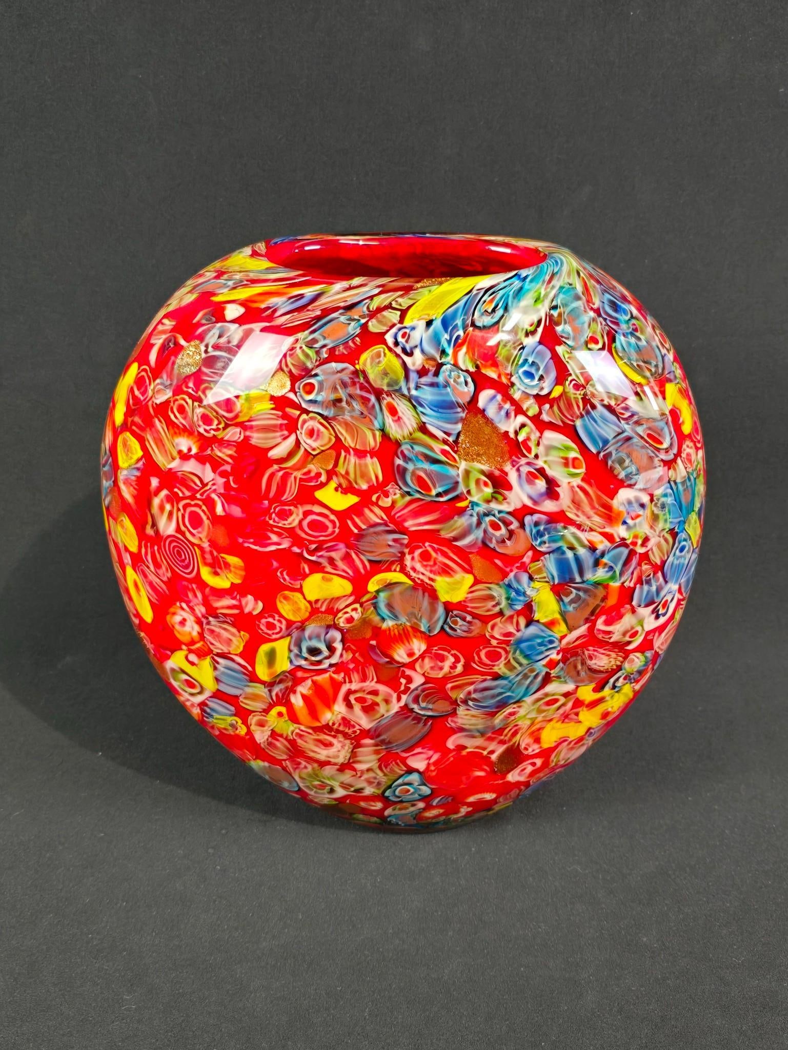 Large Art Glass Millefiori Vase: Unsigned. 10-1/4" wide x 5" deep x 11-1/4" high.