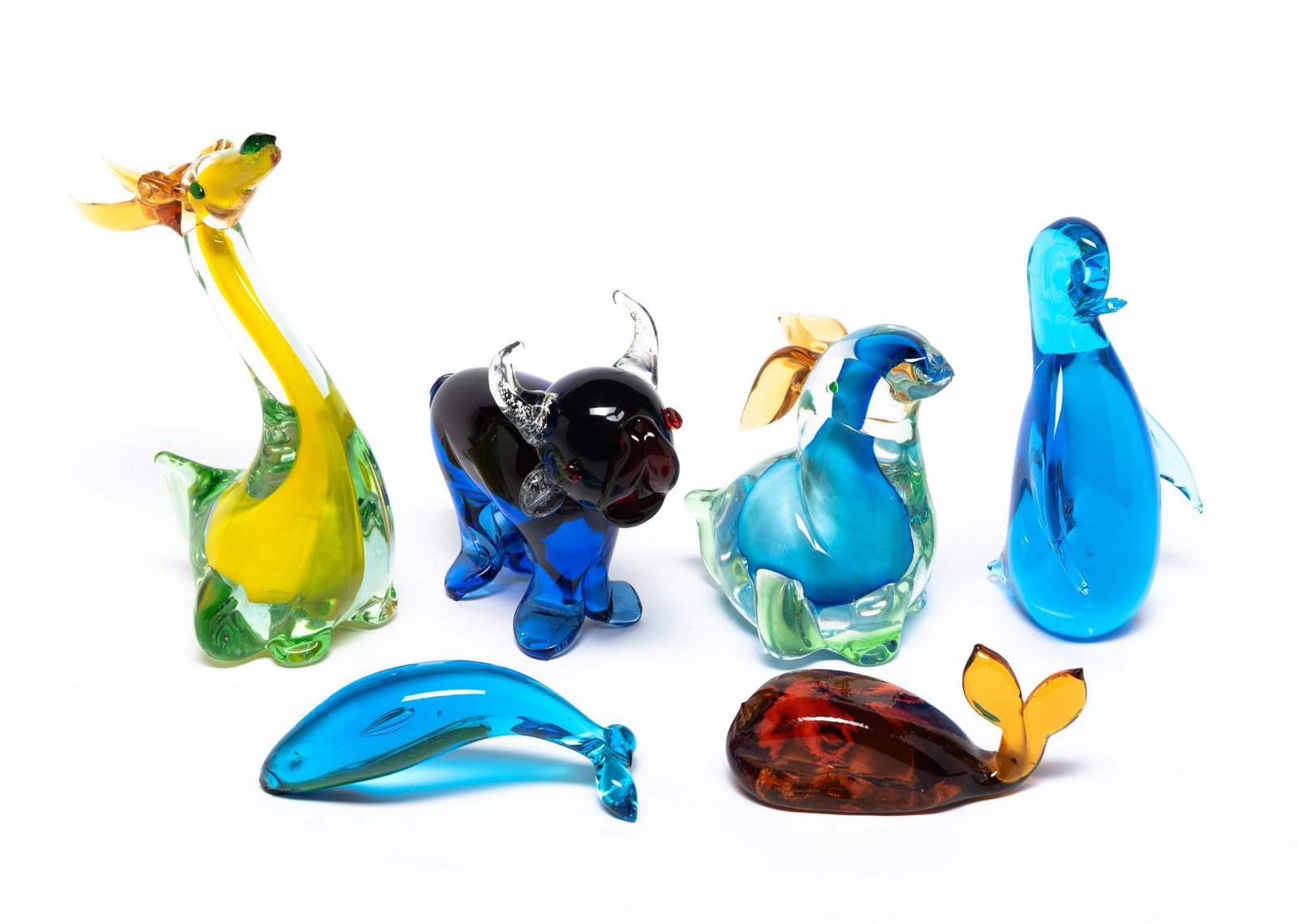 6 Art Glass Animals incl Penguin: All unmarked. 2" to 8" high.