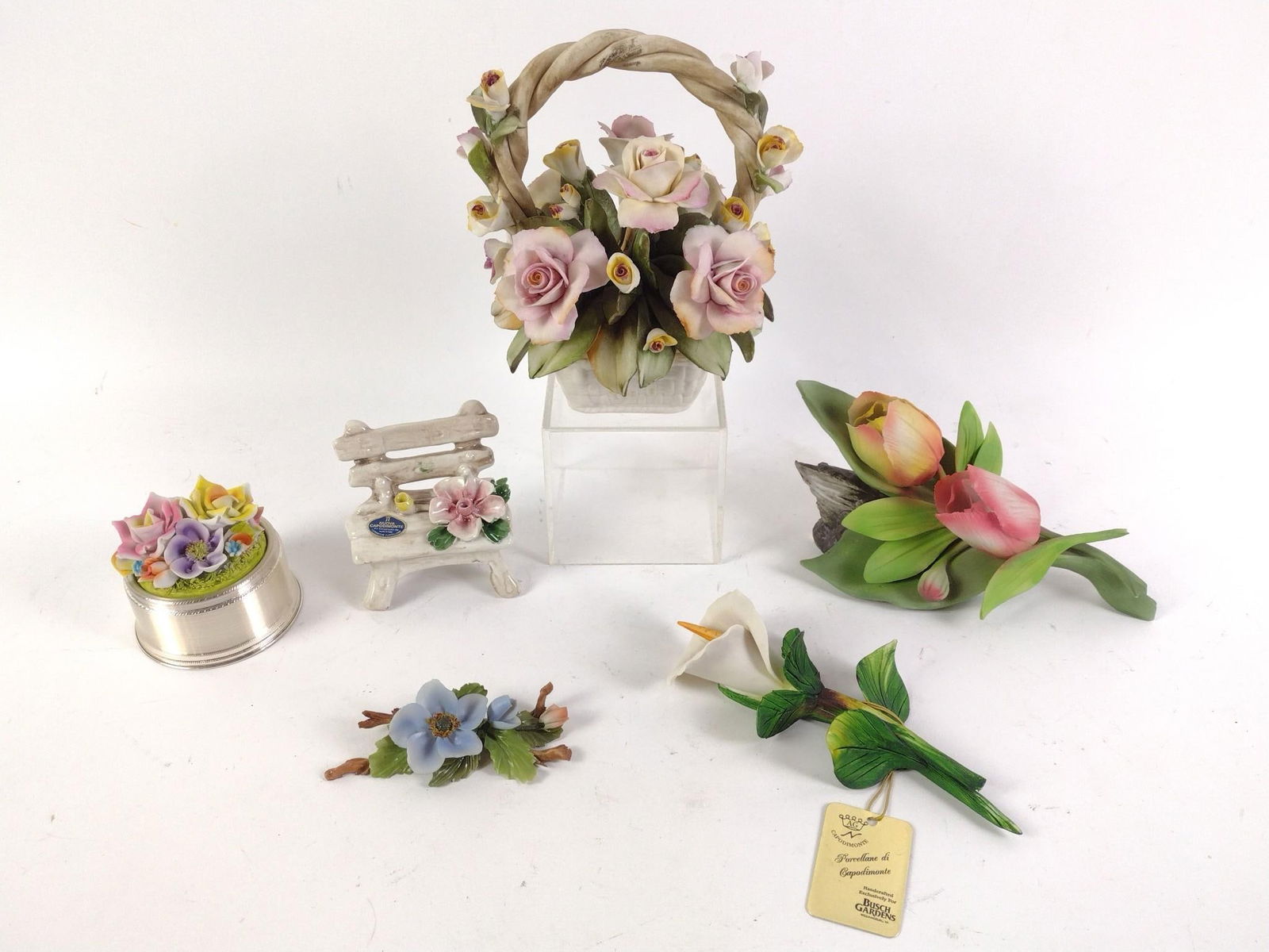 6 Floral Figurines incl Capodimonte: 1-1/2" to 7-1/2" high. Minor wear consistent with age and use.