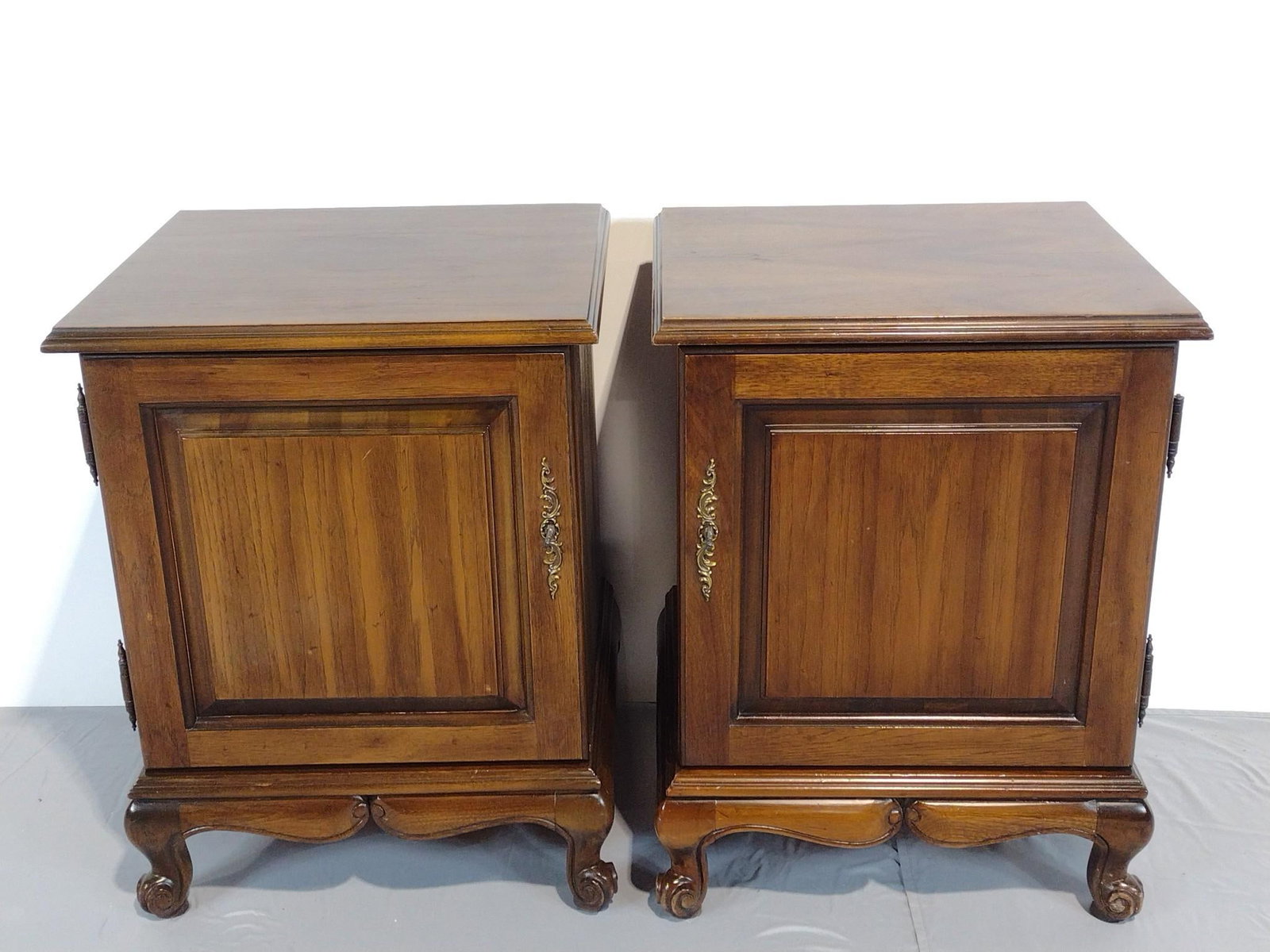Pair Of End Tables: NOT ELIGIBLE FOR IN-HOUSE SHIPPING. Each 20" wide X 18" deep X 26" high. Both have light scratches. No manufactures name found.