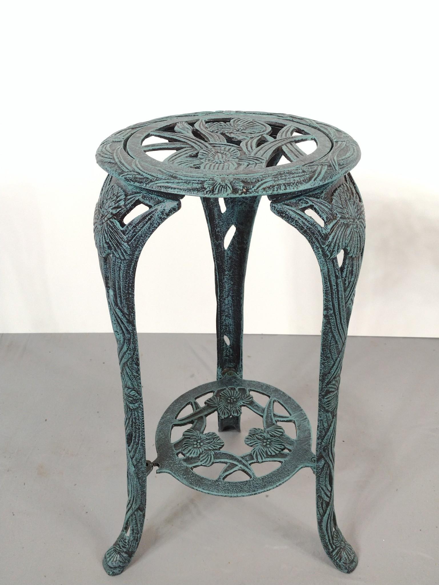 Metal Plant Stand: NOT ELIGIBLE FOR IN-HOUSE SHIPPING. 15" wide X 14" deep X 25-1/4" high. Top diameter 12". Missing screw from base.