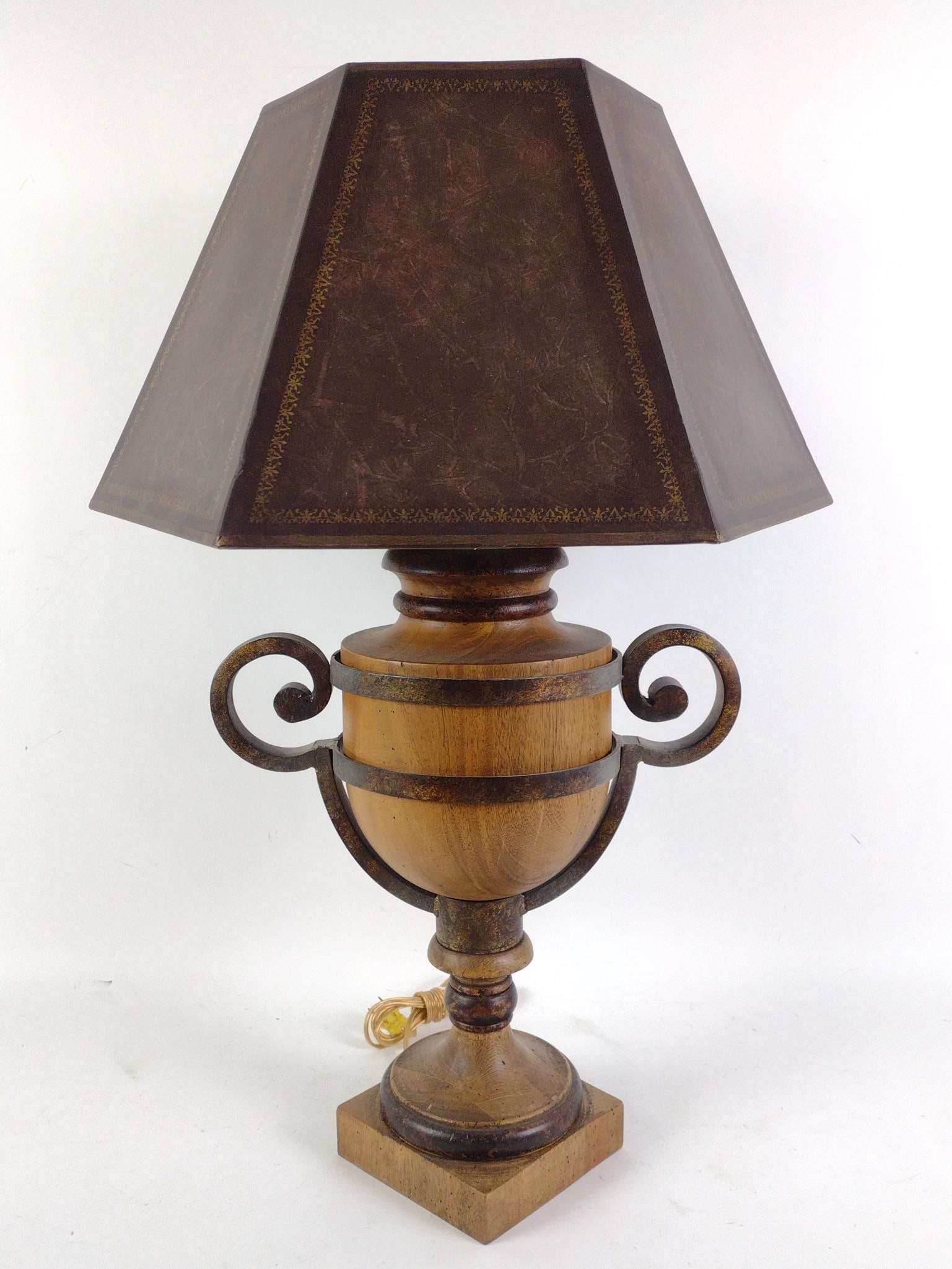 Wood and Metal Table Lamp: NOT ELIGIBLE FOR IN-HOUSE SHIPPING. Working. Overall with shade: 17-1/2" wide x 17-1/2" deep x 30" high. Minor wear consistent with age and use.