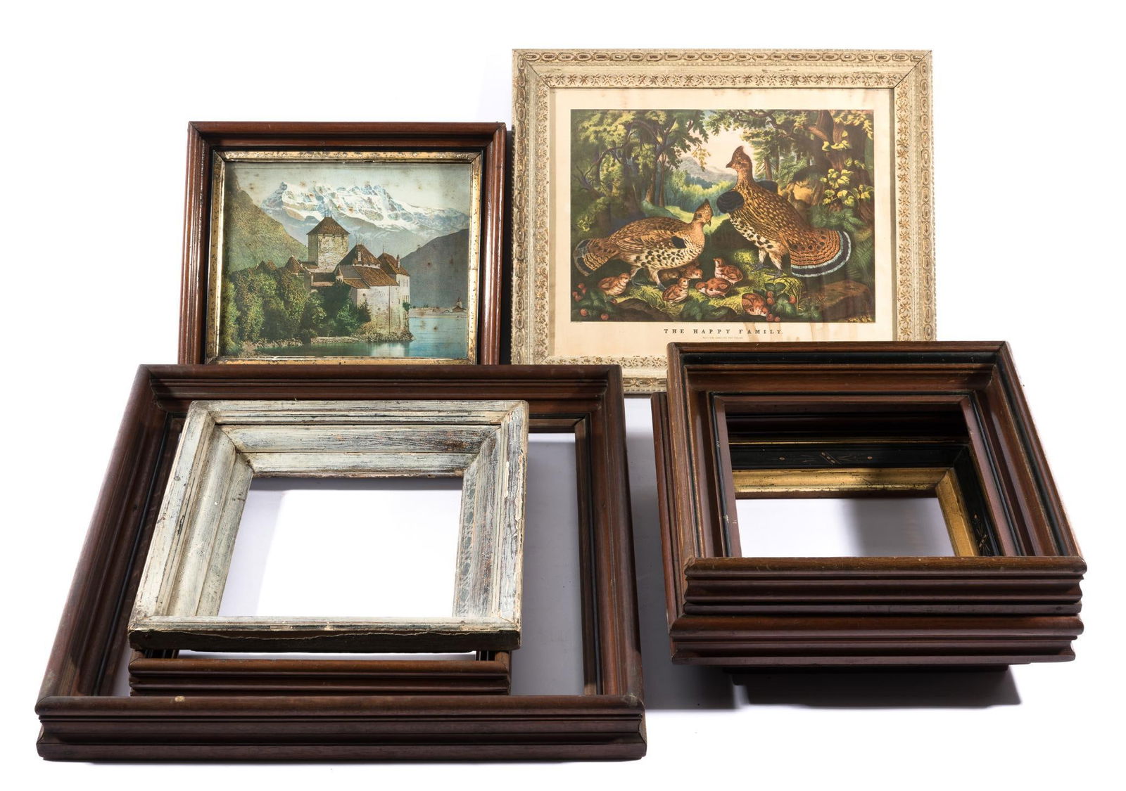 7 Antique Art / Picture Frames: NOT ELIGIBLE FOR IN-HOUSE SHIPPING. 2 prints included (mountainside with staining to print and Currier and Ives The Happy Family). Largest frame interior: 17-1/2" high x 14-3/4" wide. Overall with fra
