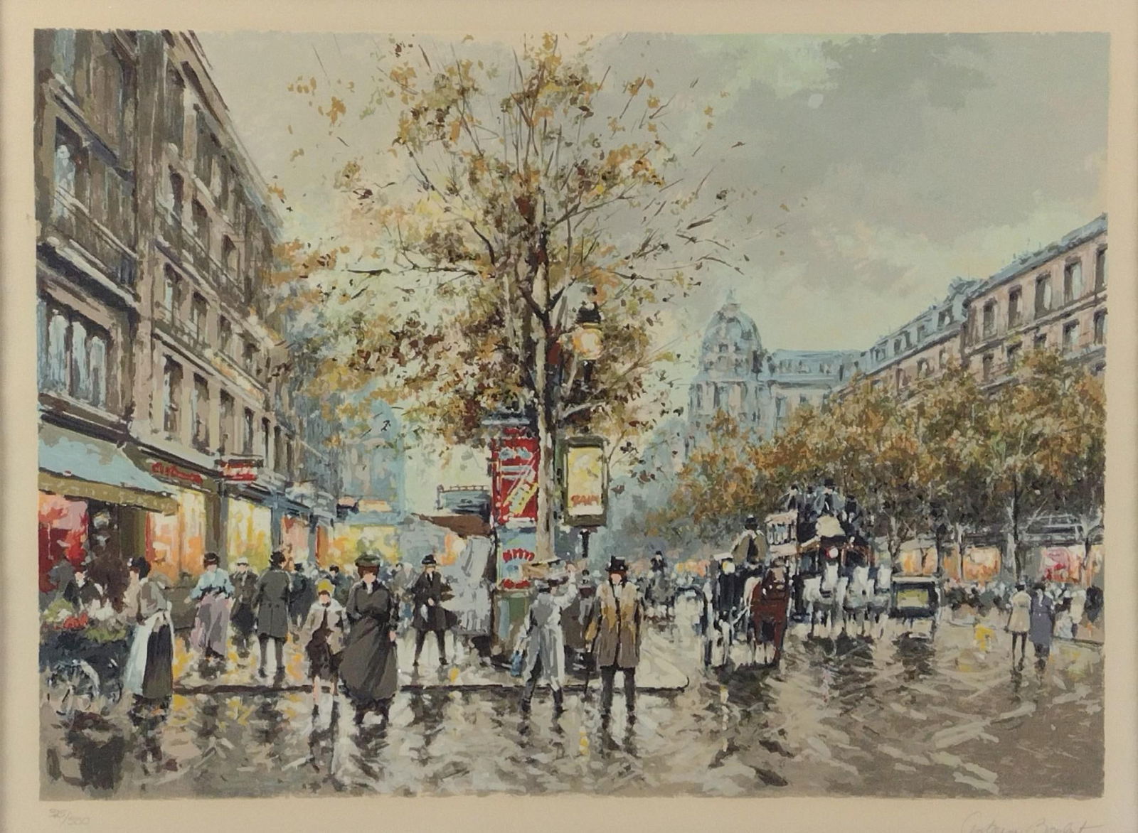 Antoine Blanchard Street Scene Ltd Ed Print: NOT ELIGIBLE FOR IN-HOUSE SHIPPING. Edition number 325 / 350. Sight: 16" high x 22" wide. Overall with frame: 28-1/2" high x 34-3/4" wide. Minor wear to frame consistent with age and use.