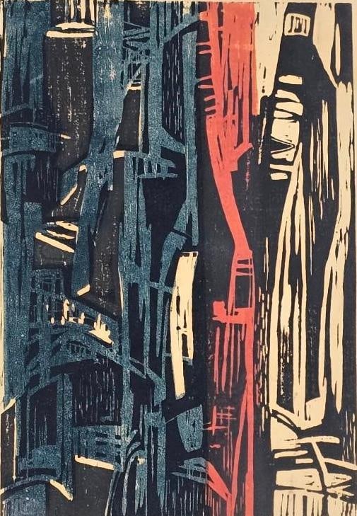Karen R. Multi-Colored Woodblock Print: NOT ELIGIBLE FOR IN-HOUSE SHIPPING. Last name indecipherable. Sight: 11-3/4" high x 8" wide. Overall with frame: 21-1/4" high x 17-1/4" wide. Some minor cracks and losses to frame.