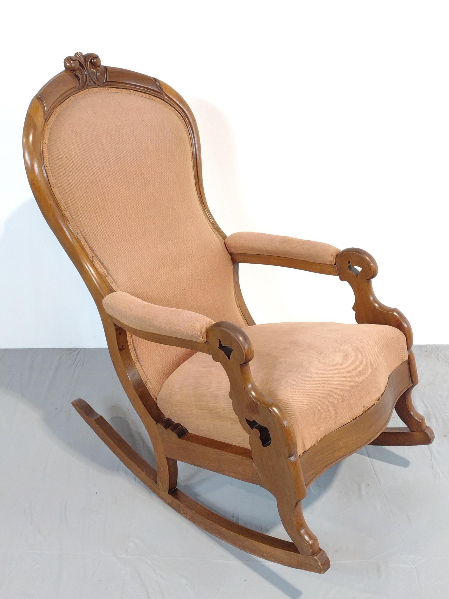 Rocking Chair: NOT ELIGIBLE FOR IN-HOUSE SHIPPING. 23" wide X 37" deep X 43" high. Frame has some scratches. Upholstery has areas of discoloring.