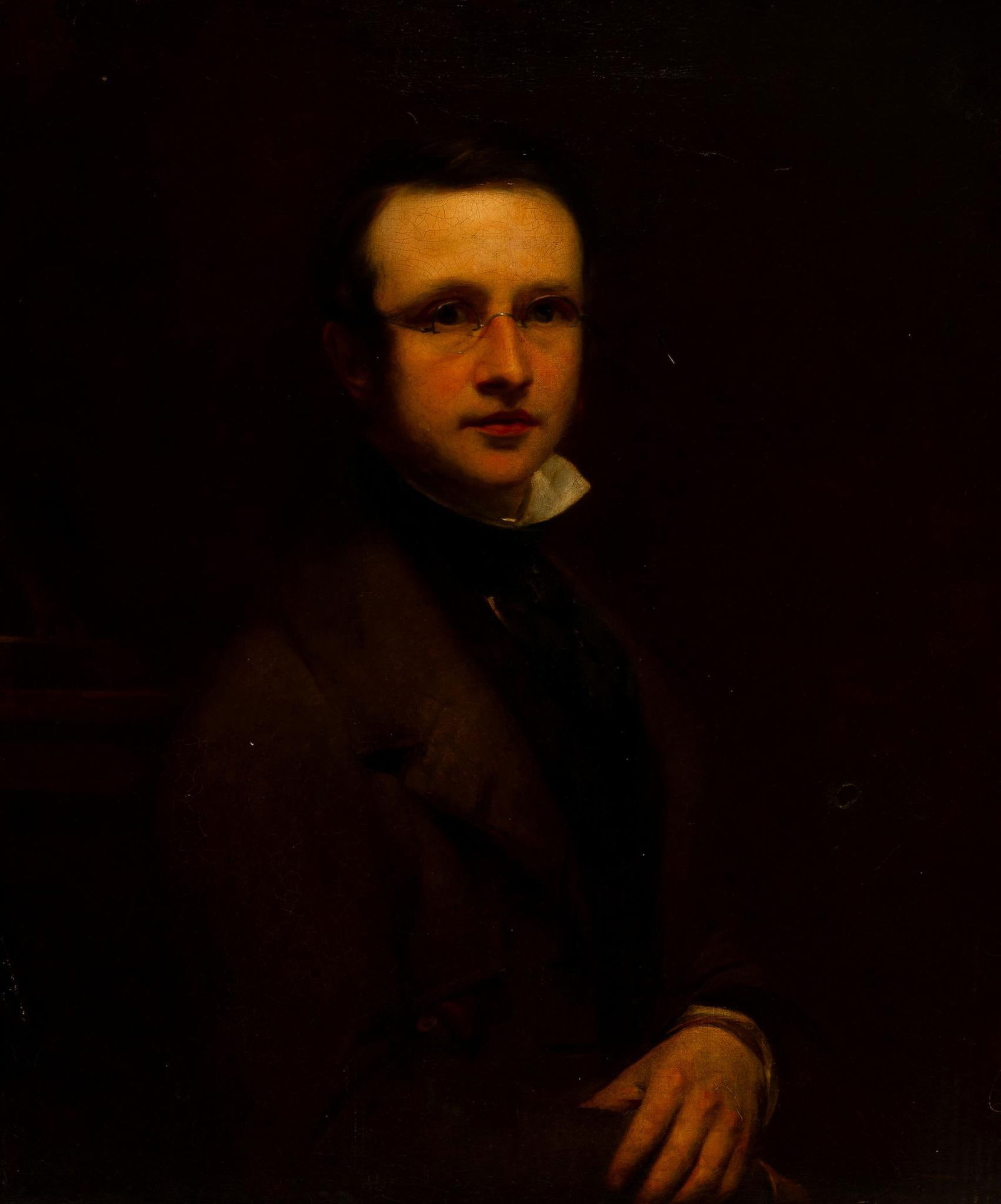 Attributed to Thomas Sully (American, 1783 - 1872) Edgar Allen Poe: NOT ELIGIBLE FOR IN-HOUSE SHIPPING. DESCRIPTION: Oil on canvas portrait painting. Appears unsigned but attributed by antique labels to Thomas Sully. The portrait is identified on two antique labels as
