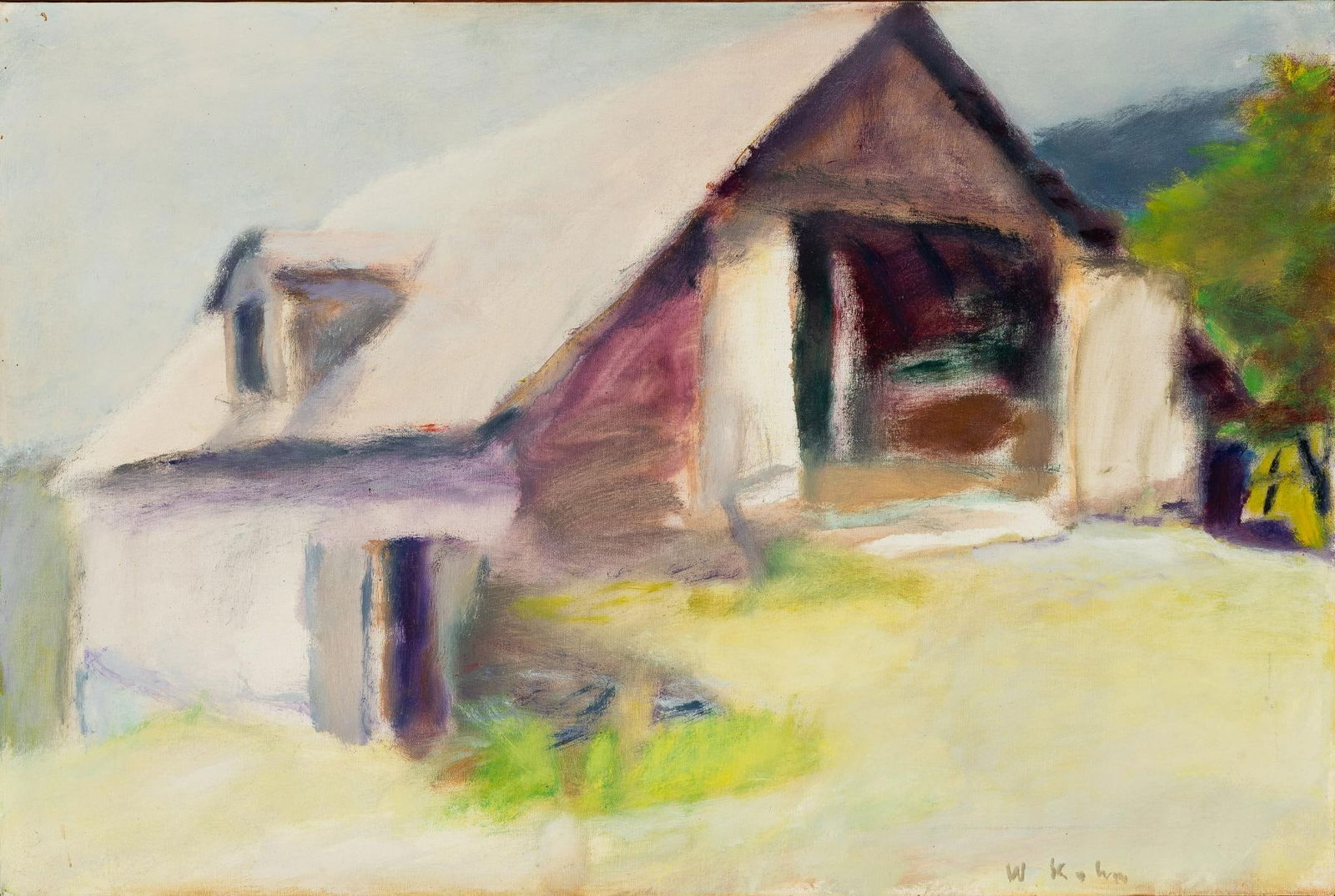 Wolf Kahn Oil on Canvas Painting: NOT ELIGIBLE FOR IN-HOUSE SHIPPING. DESCRIPTION: A classic Wolf Kahn (1926 - 2020) barn painting. The framing is original artist's strip board frame. Previously sold by Christie's. MEASUREMENT: 20" X