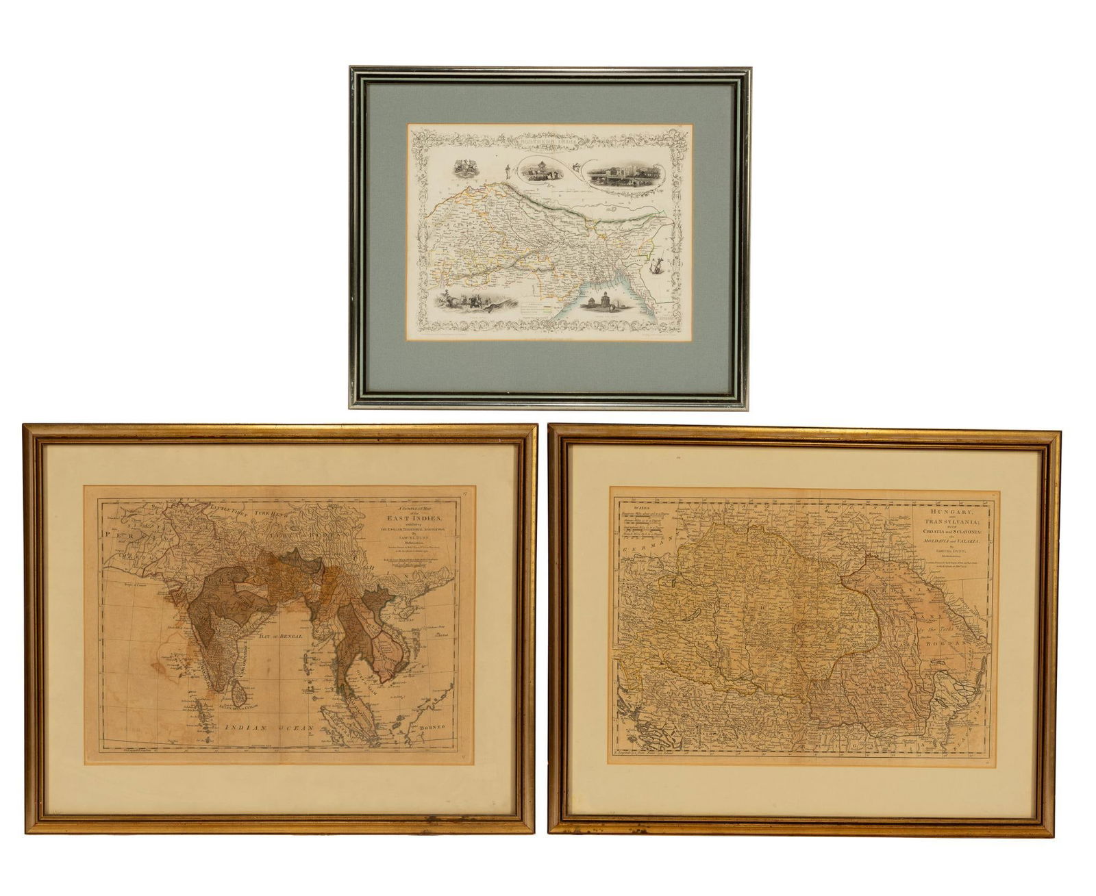 Three Antique Maps by J Rapkin And Samuel Dunn: NOT ELIGIBLE FOR IN-HOUSE SHIPPING. DESCRIPTION: John Tallis Northern India 1850 with engraved vignettes. Drawn and engraved by J. Rapkin and the vignettes by Wray & Kernot. Hand colored. Two maps by