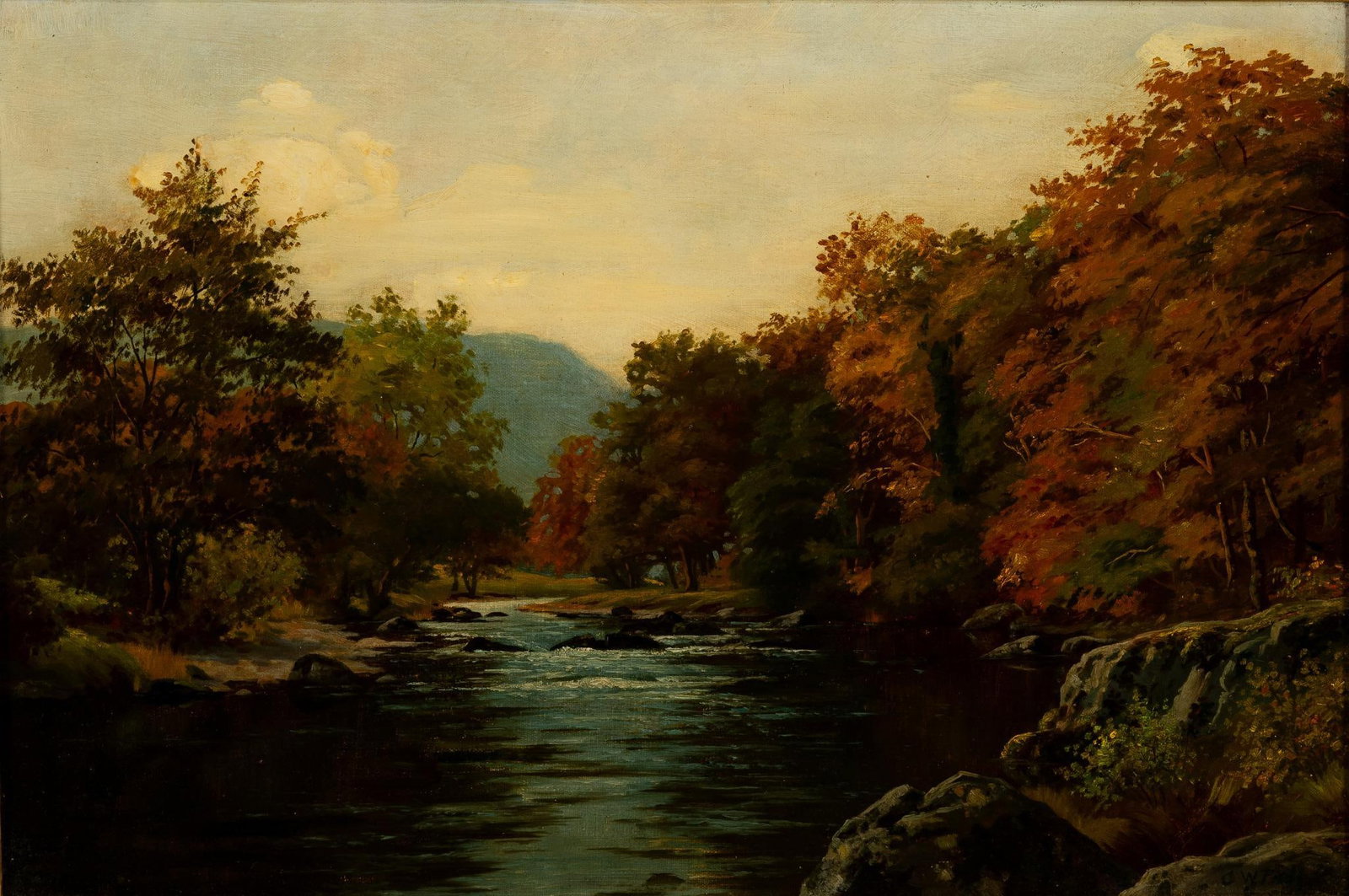 Antique Oil On Canvas Painting: NOT ELIGIBLE FOR IN-HOUSE SHIPPING. DESCRIPTION: Late 1800's. Signed indistinctly G. W. Fish or similar. Autumn River Scene. MEASUREMENT: 15 3/4" X 23 1/2", 22 1/4" X 30" framed. CONDITION: No damage 