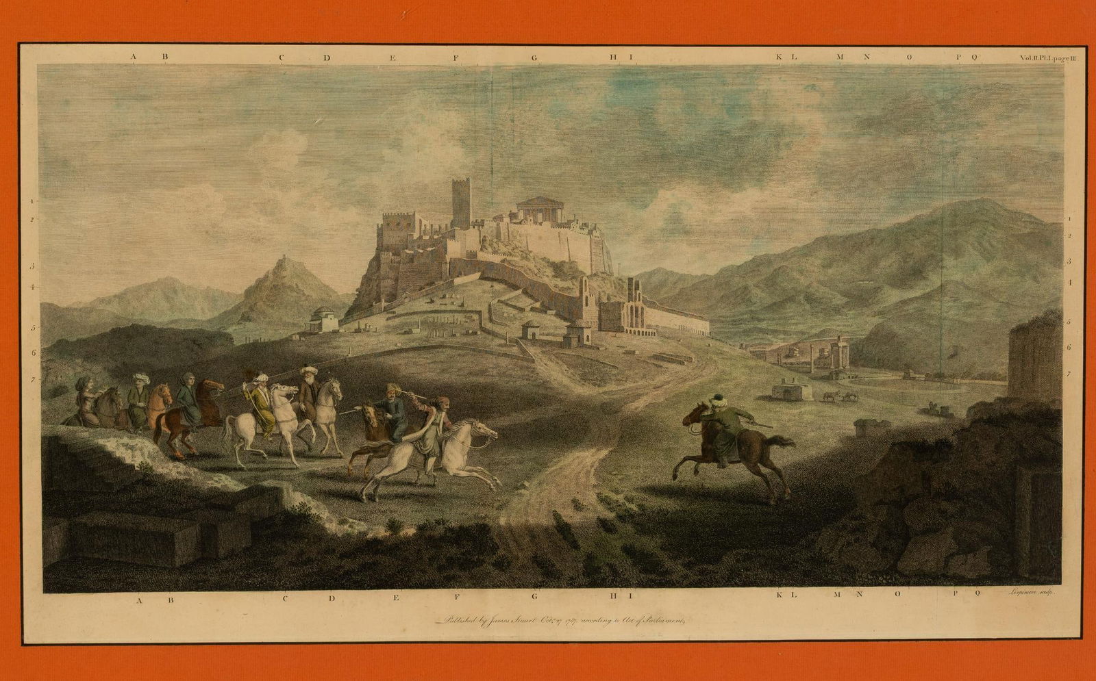 Antique Engraving from the Antiquities of Athens Stuart and Revett: NOT ELIGIBLE FOR IN-HOUSE SHIPPING. DESCRIPTION: Engraving of the Acropolis. Measured and delineated at the margins. MEASUREMENT: 16" X 28 1/2" image size, 26" X 38 1/4" framed size. CONDITION: The en